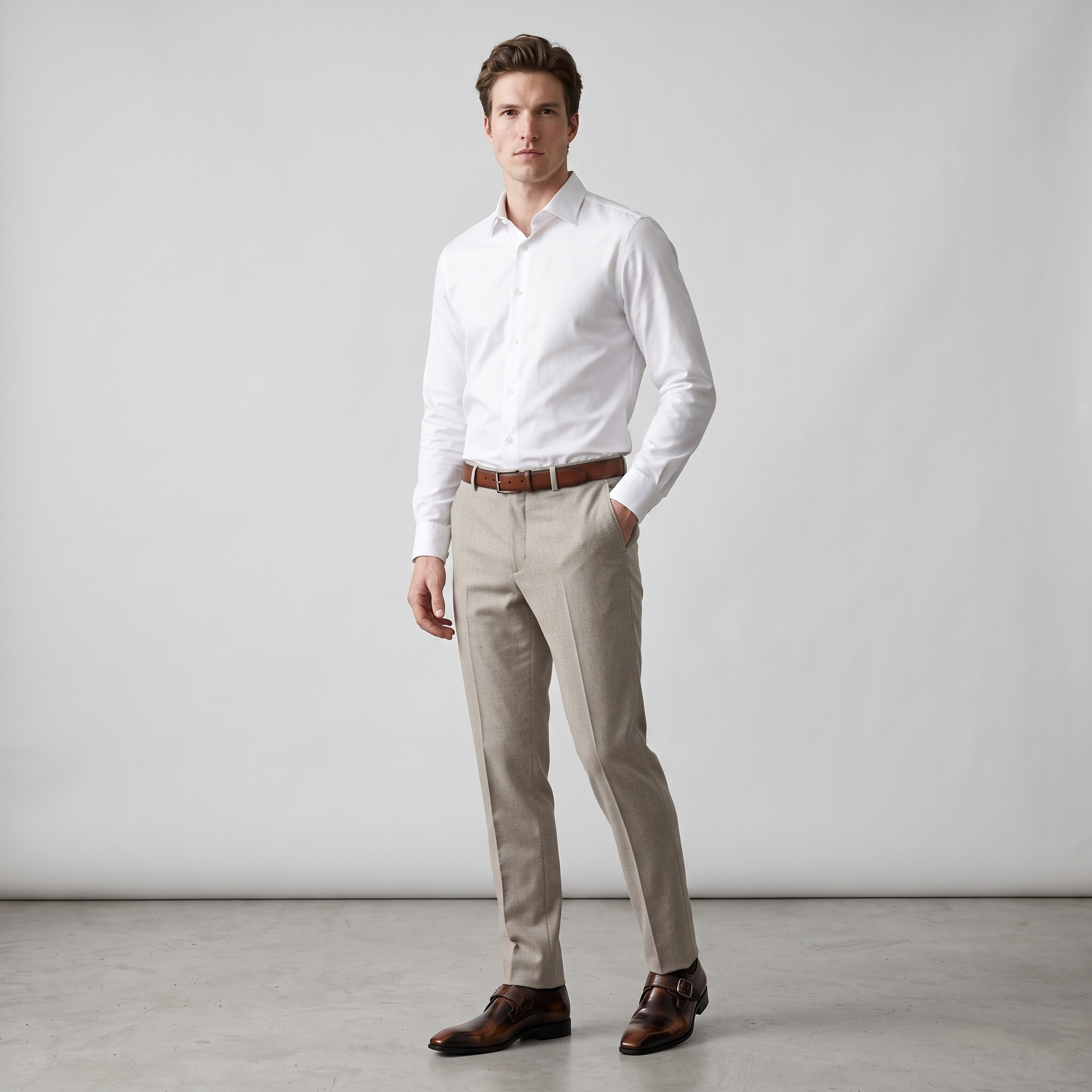 Man wearing brown monk strap shoes with stone trousers and a white shirt