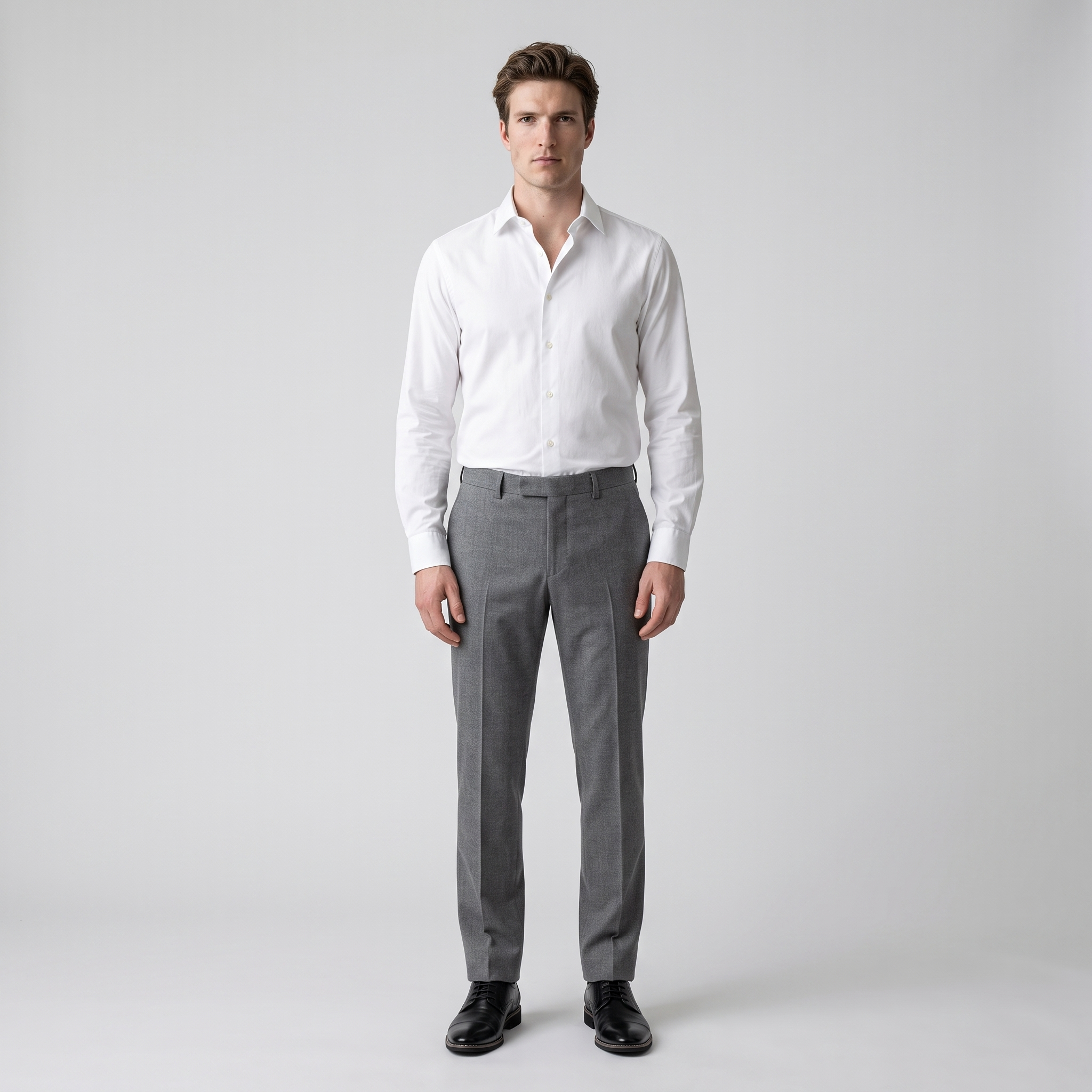 Man wearing black cap toe Derby shoes with grey trousers and a white shirt
