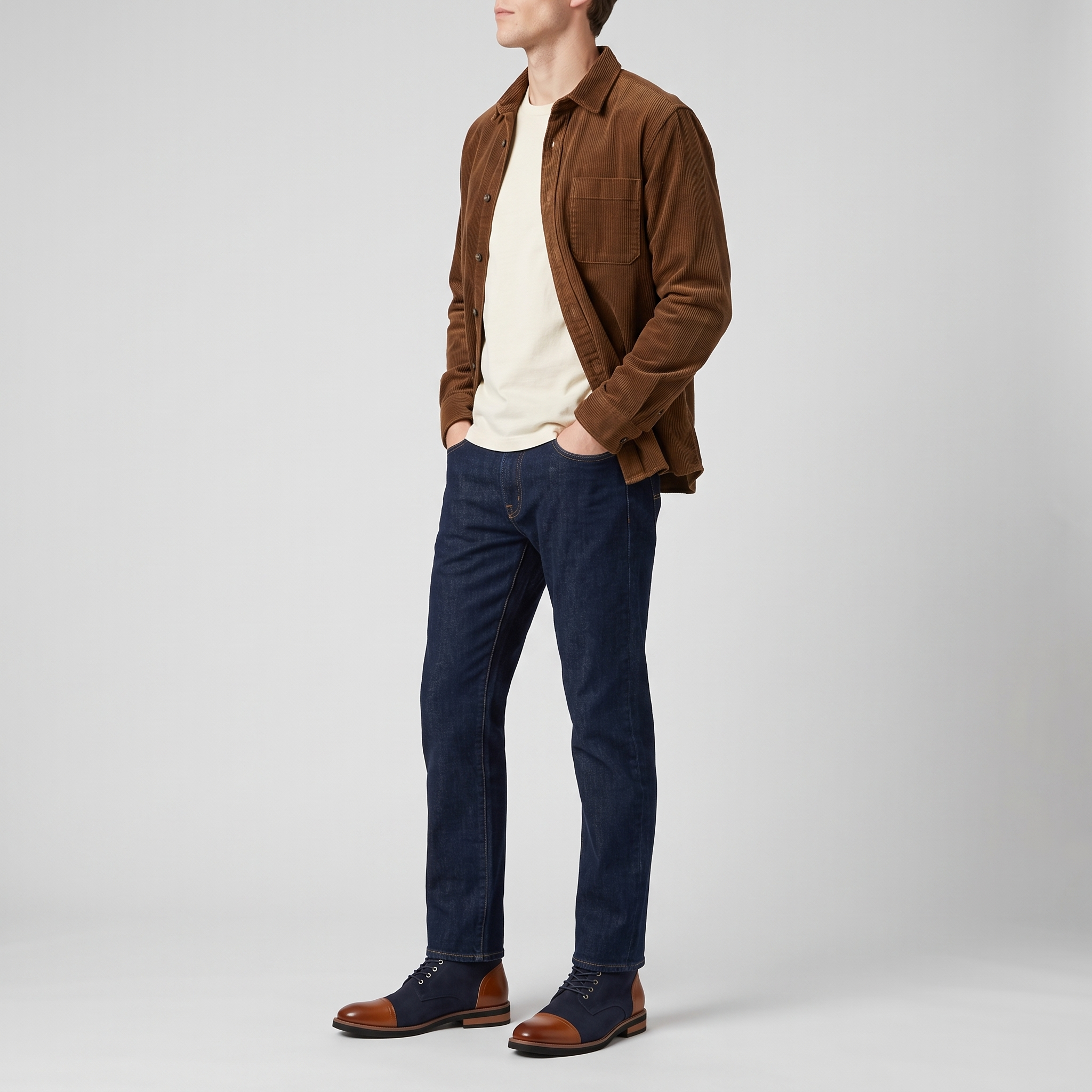 Man wearing two tone navy and tan ankle boots with denim and a corduroy overshirt