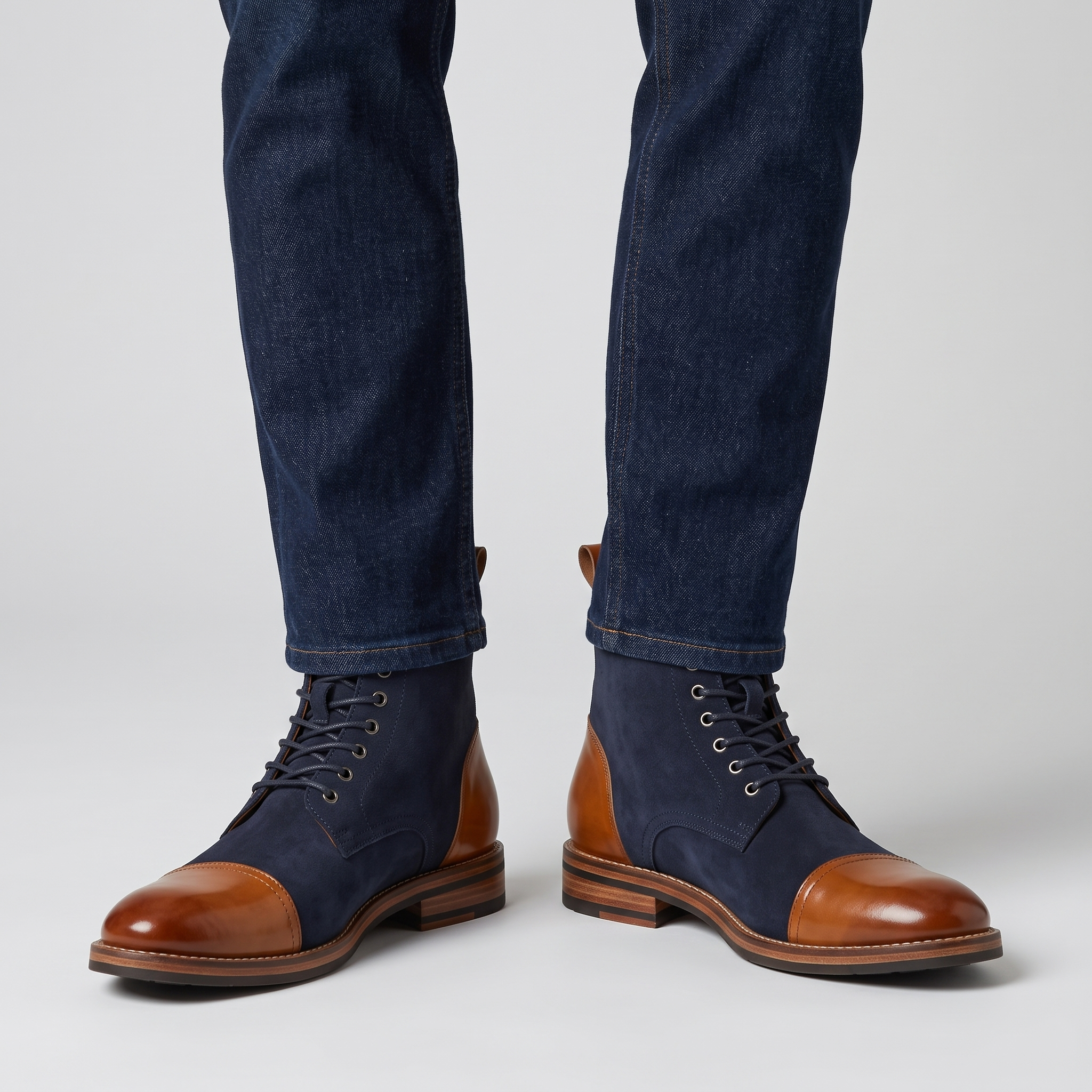 Men's two tone navy suede look ankle boots with tan cap toe worn with dark denim