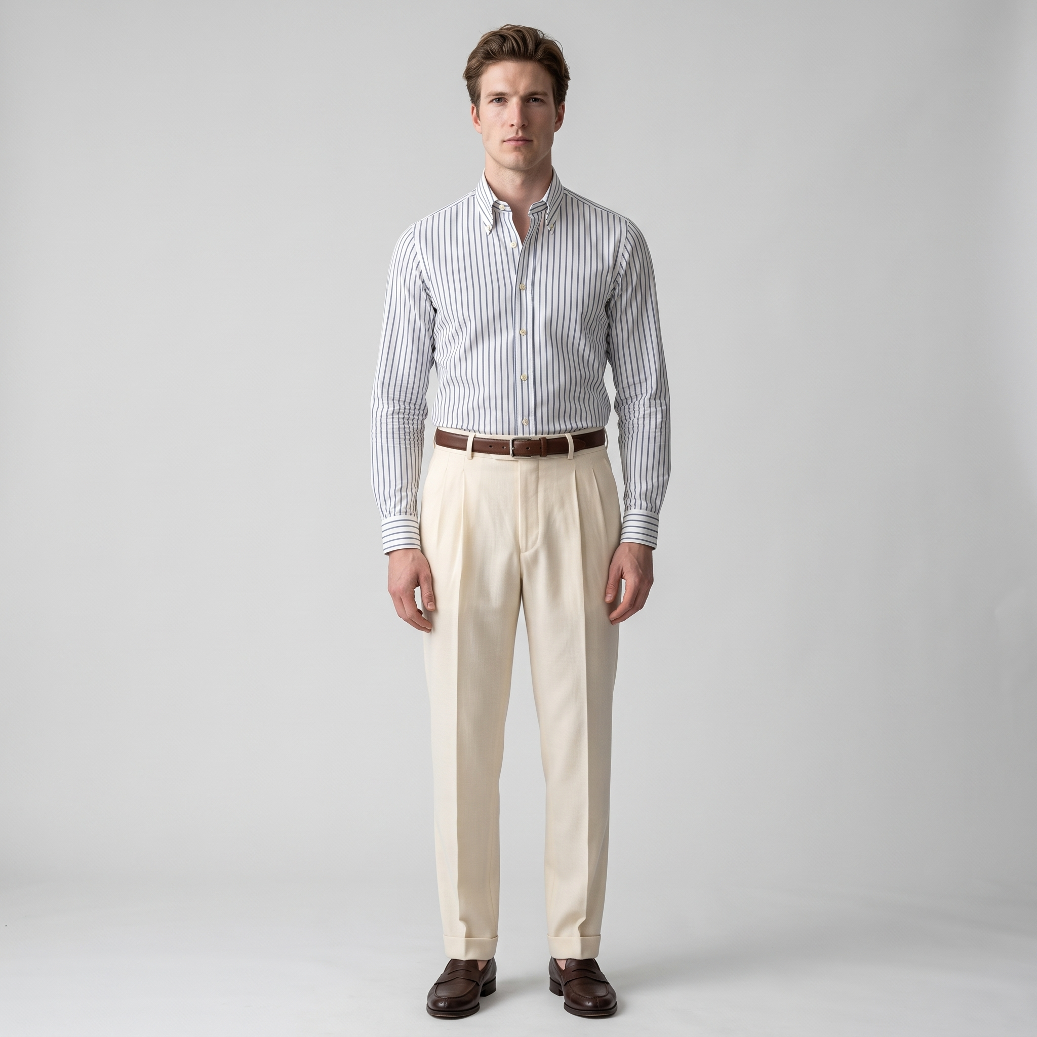 Man wearing a navy bengal stripe button-down shirt with cream pleated trousers