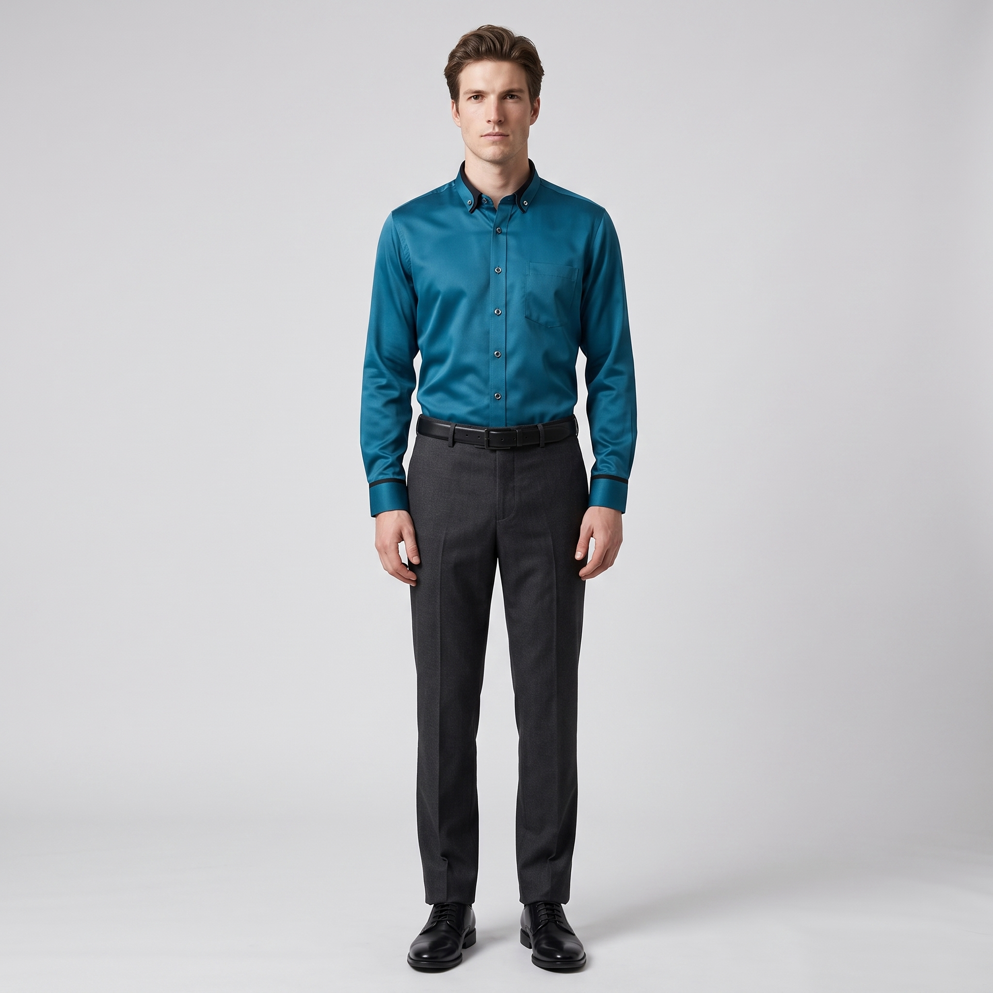 Man wearing a teal blue button-down dress shirt with black contrast collar facing