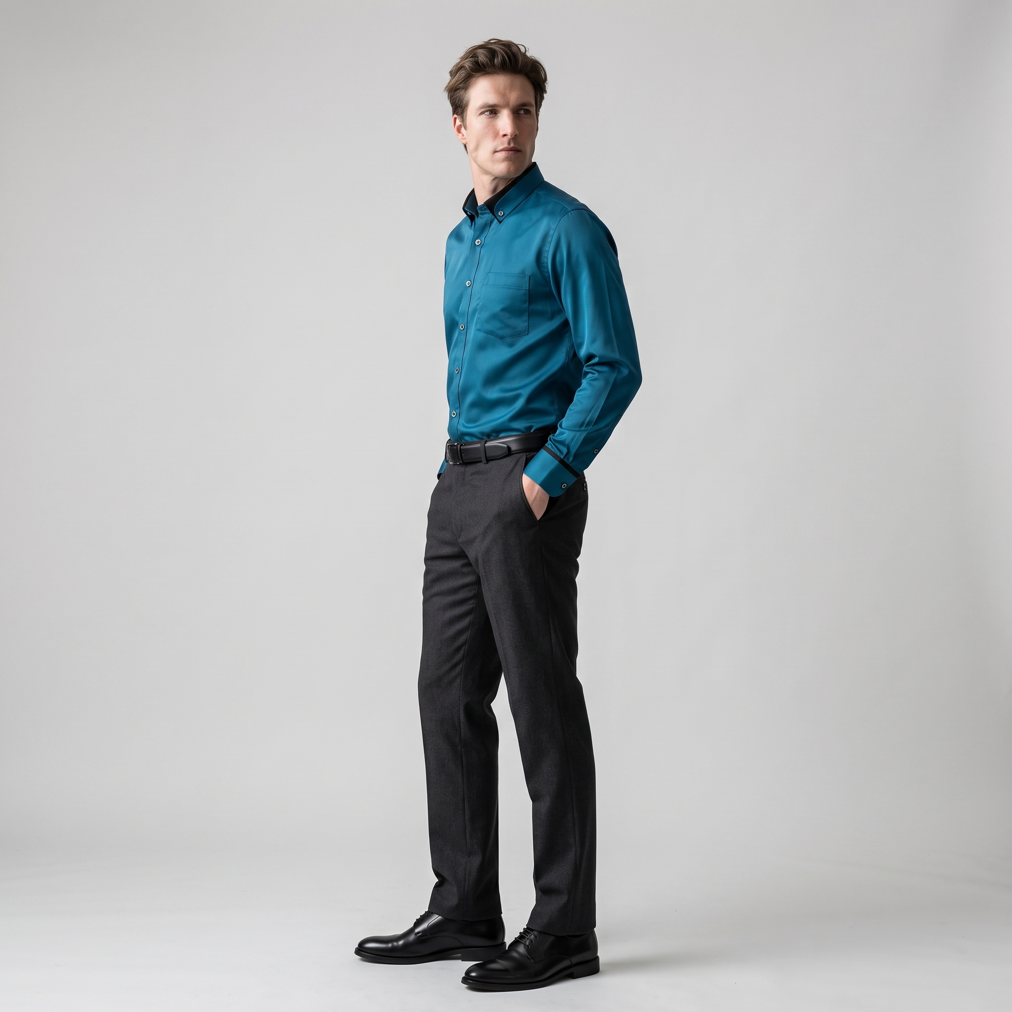 Side view of a teal satin finish button-down shirt with black trimmed cuffs
