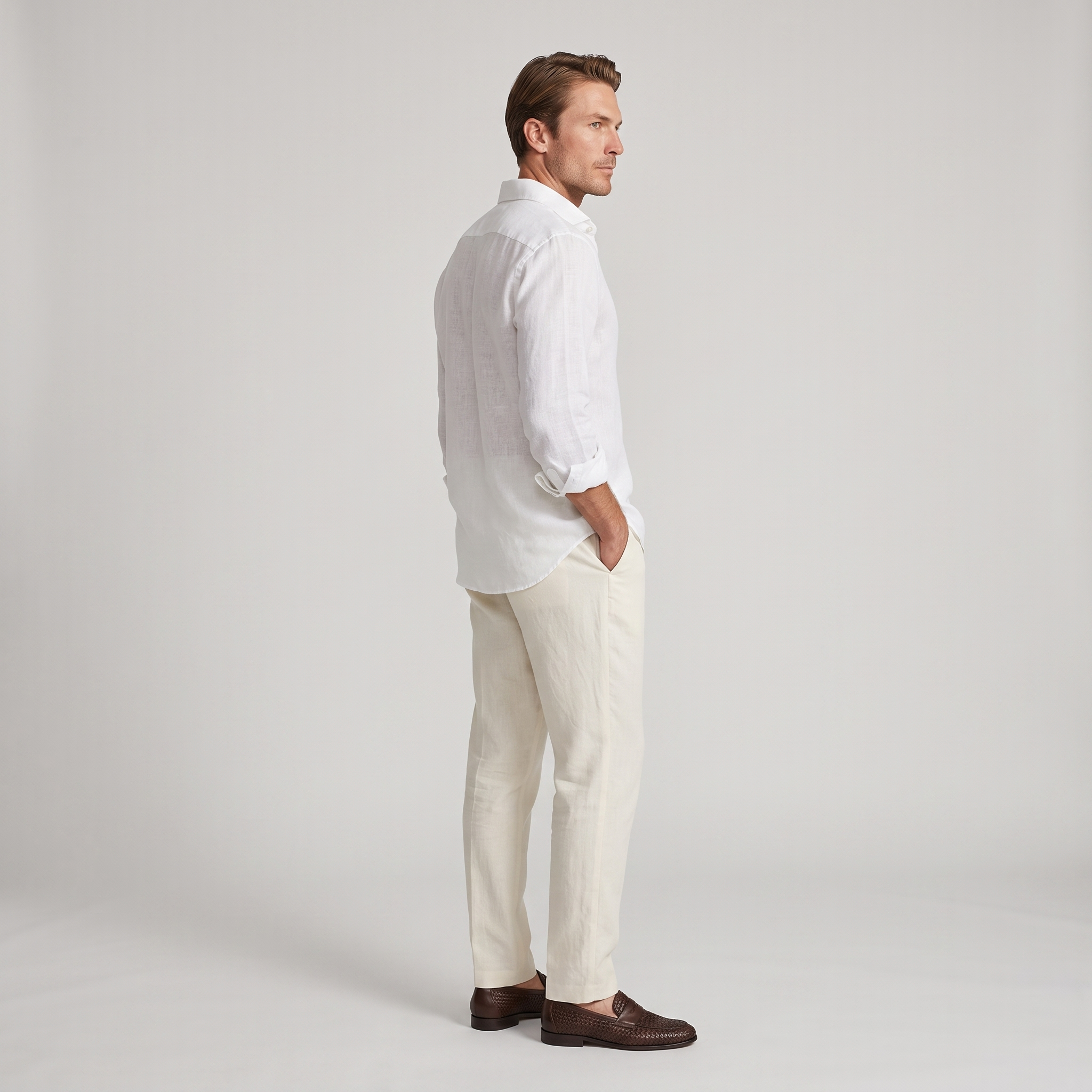 Side view of a relaxed white linen shirt with sleeves rolled back
