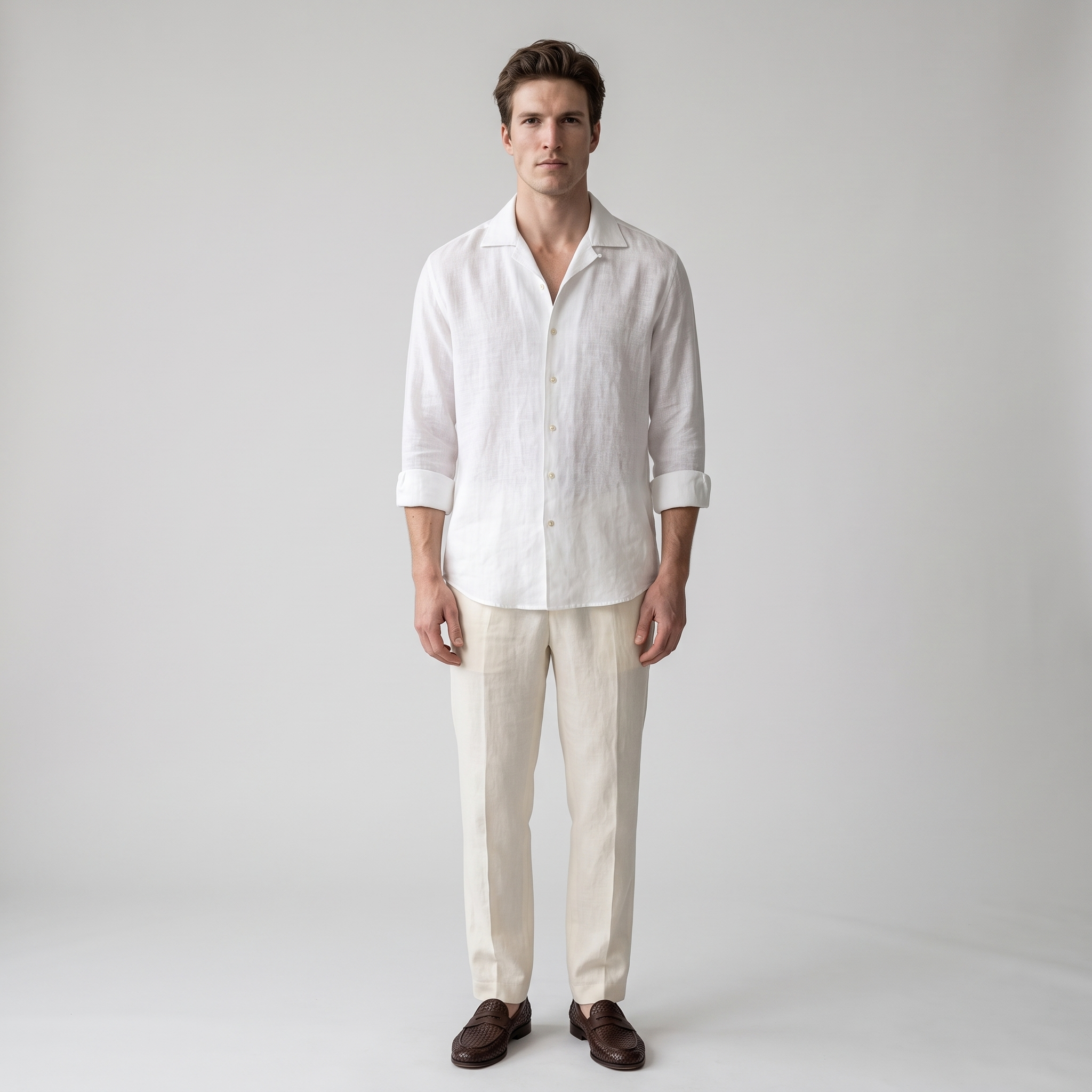 Man wearing a white linen blend shirt worn loose over cream linen trousers