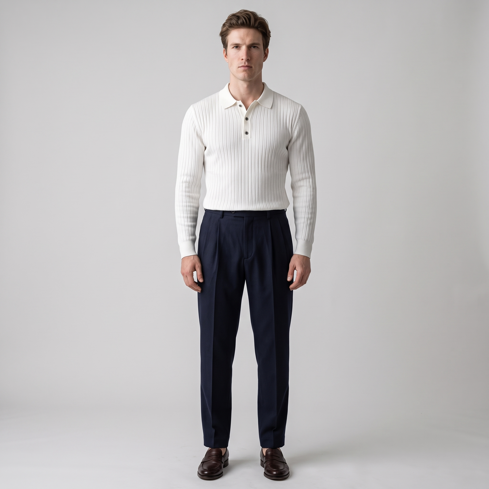 Man wearing a white fine rib knit polo with navy pleated trousers
