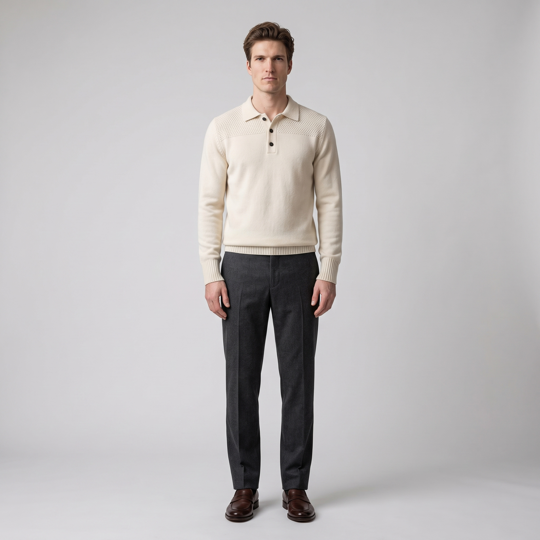 Man wearing a cream knitted polo jumper with textured collar and charcoal trousers