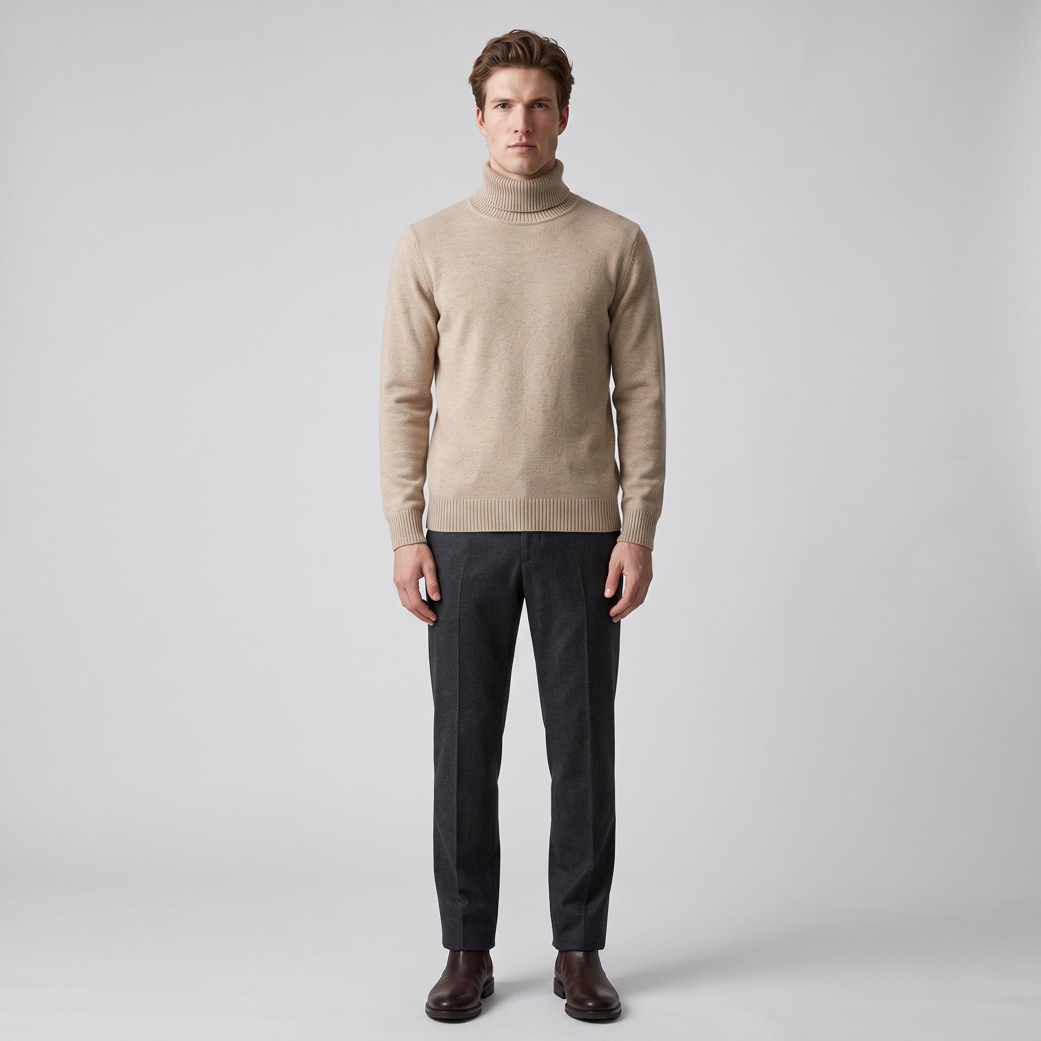 Man wearing a beige roll neck jumper with charcoal wool trousers