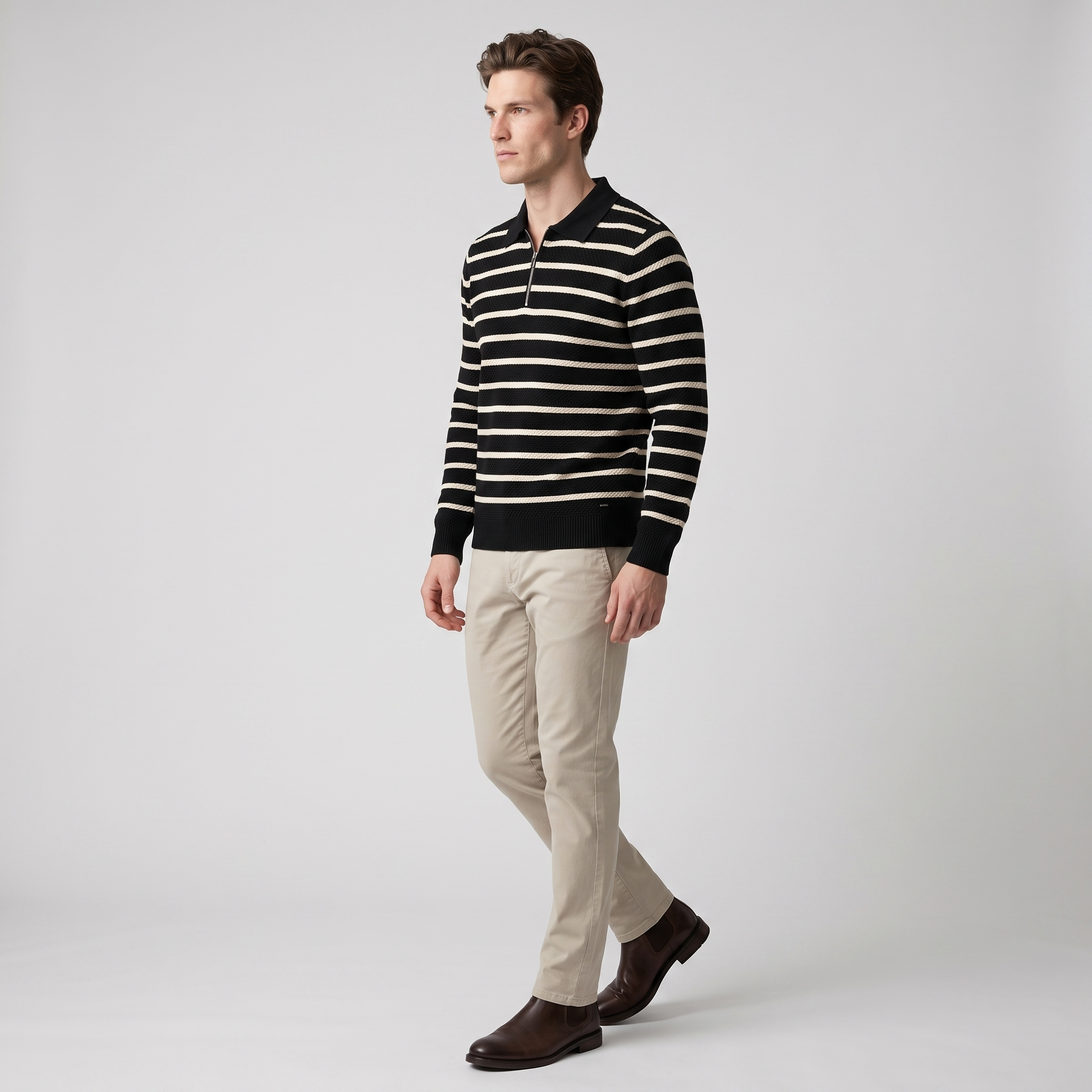 Side view of a striped honeycomb knit quarter zip polo with a solid collar