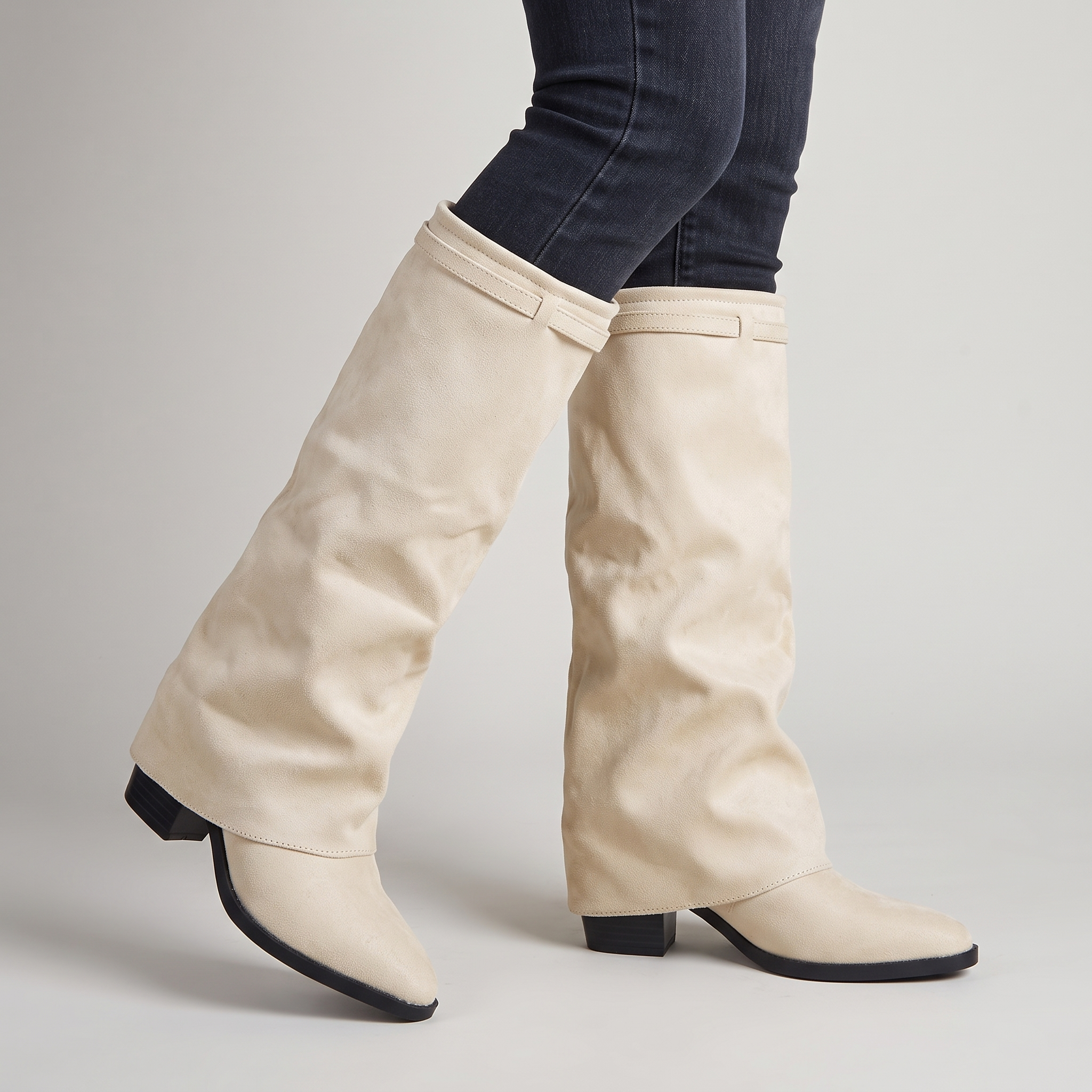 Women's cream fold over knee high boots in suede look with a block heel