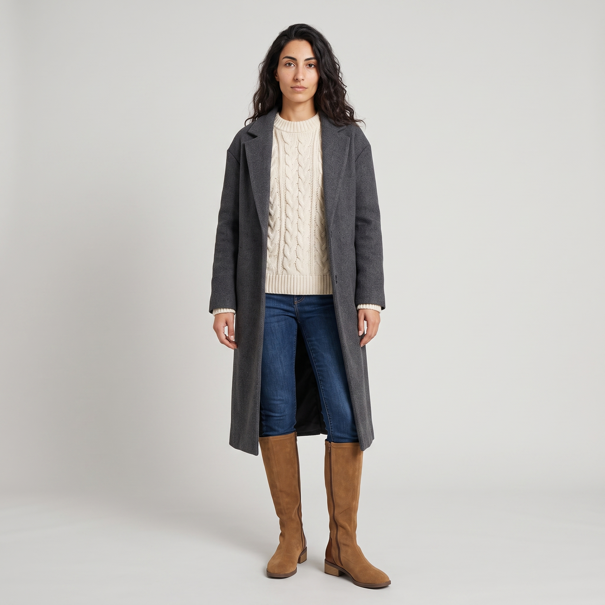 Woman wearing camel suede look knee high boots with jeans and a cable knit jumper
