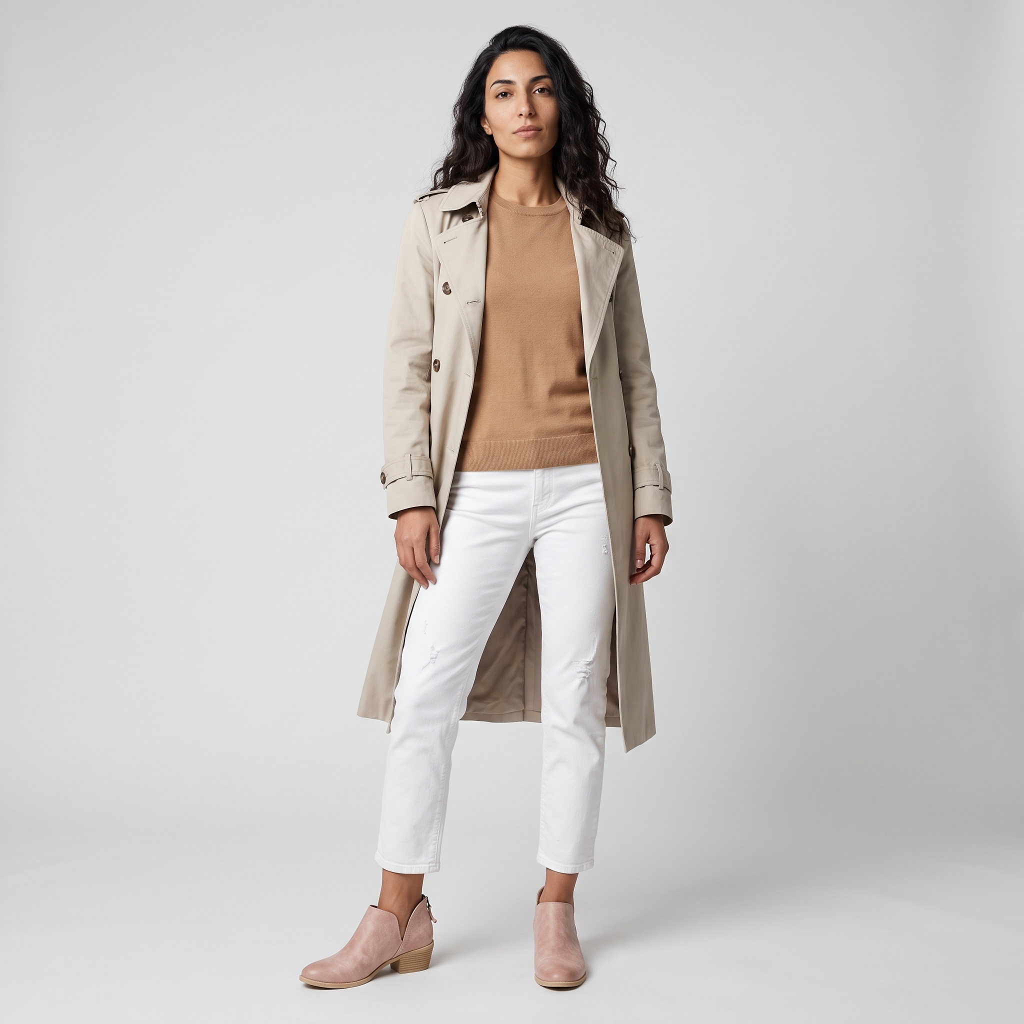 Woman wearing pale pink cut out ankle boots with white jeans and a trench coat