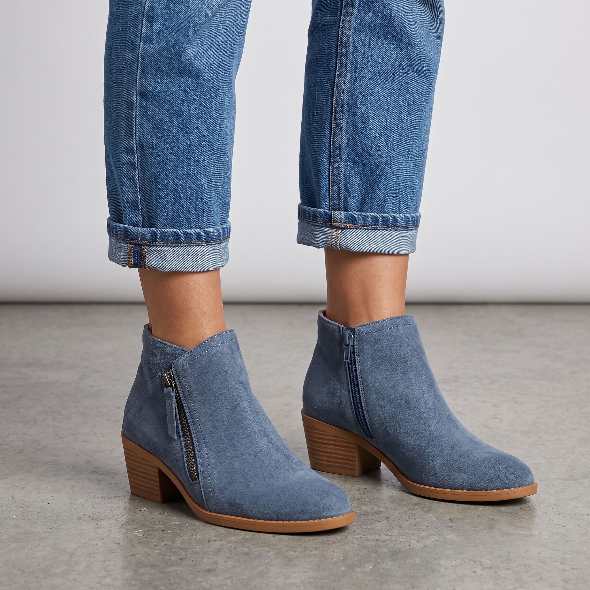 Women's denim blue suede look ankle boots with side zip and tan stacked heel