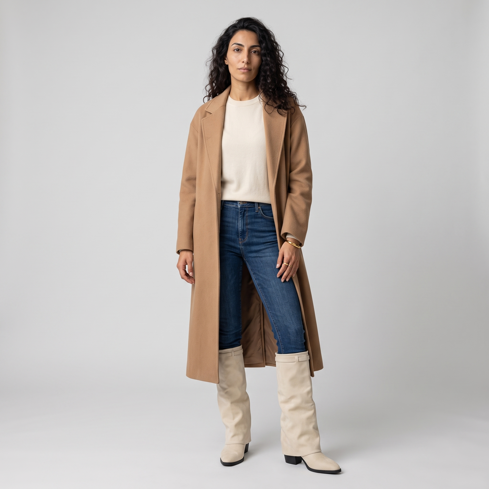 Woman wearing cream fold over knee high boots with jeans and a camel coat