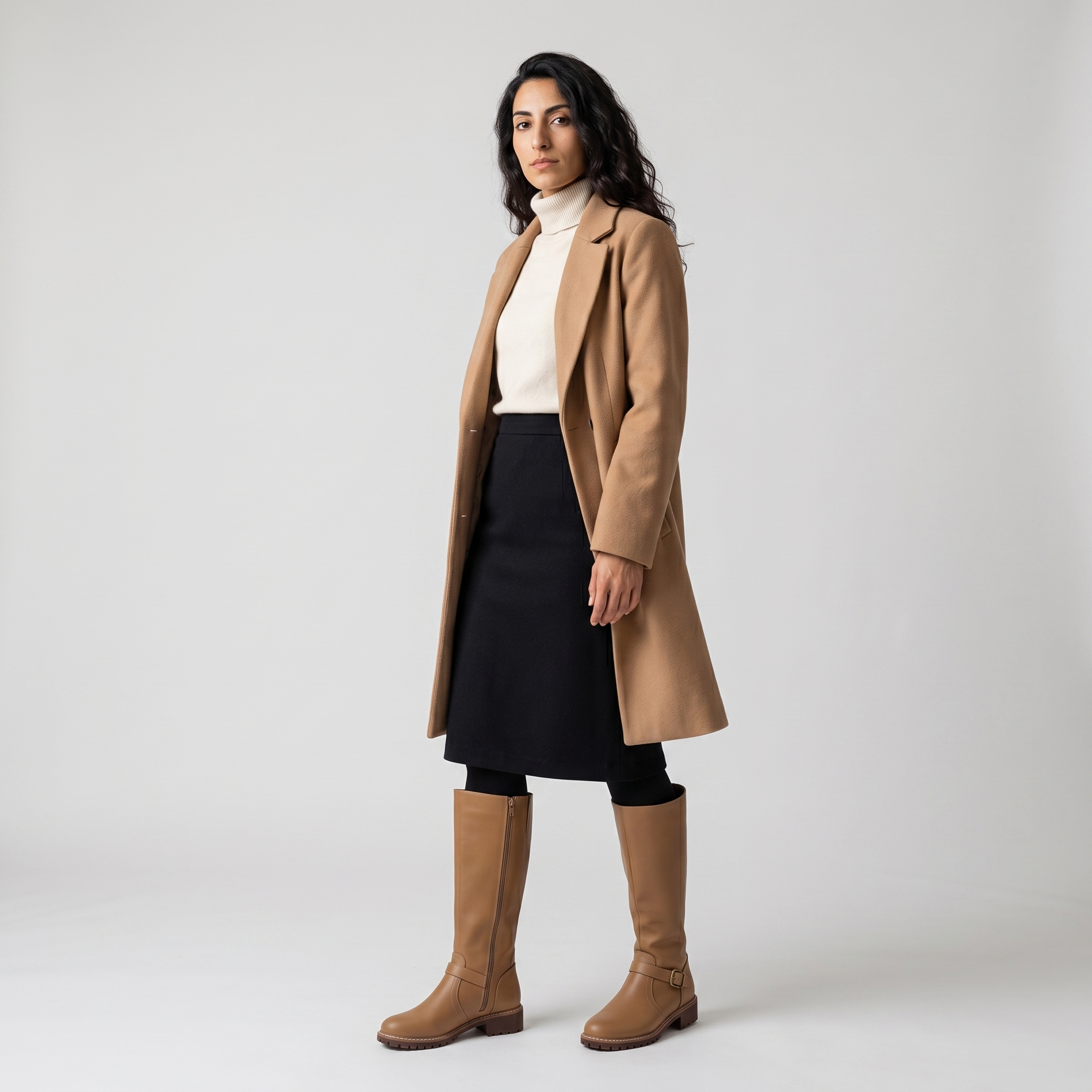 Woman wearing tan riding boots with a black midi skirt and camel coat
