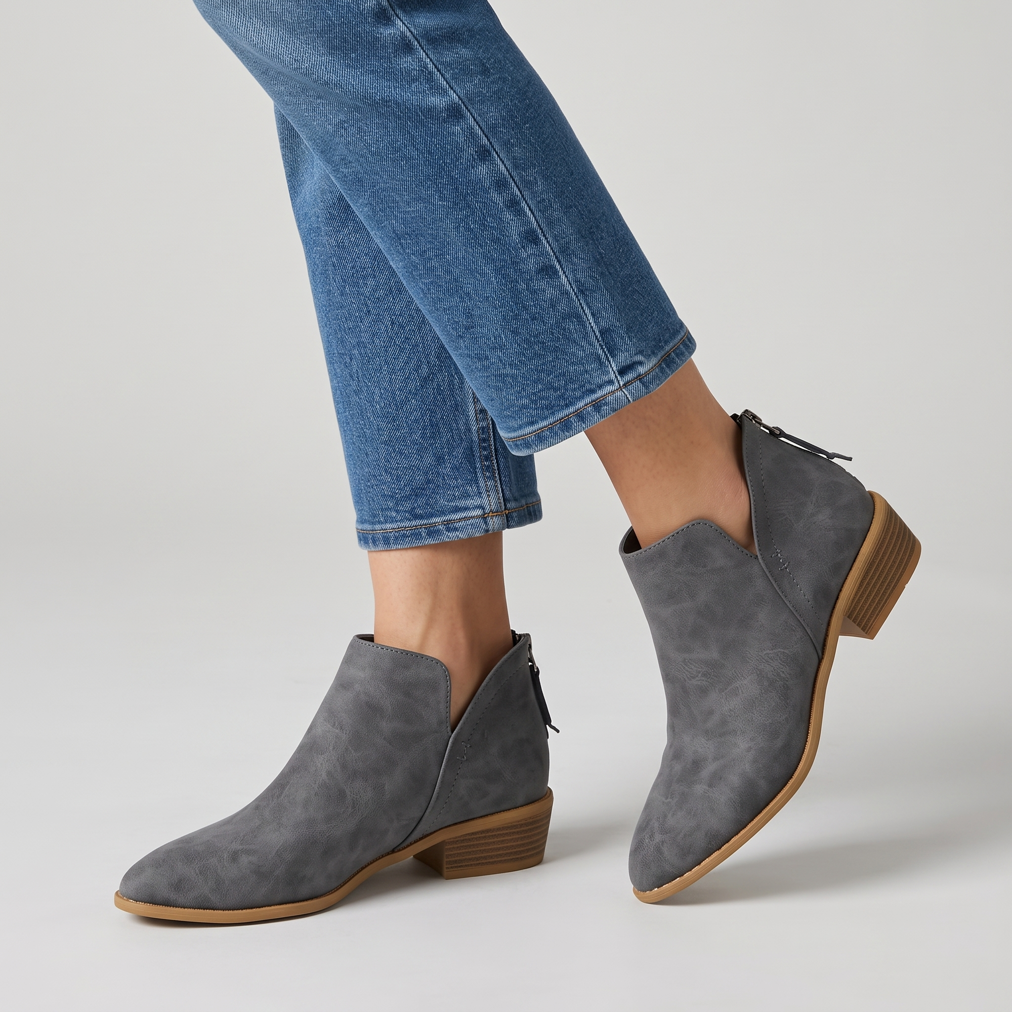 Women's grey suede look cut out ankle boots with a low stacked heel