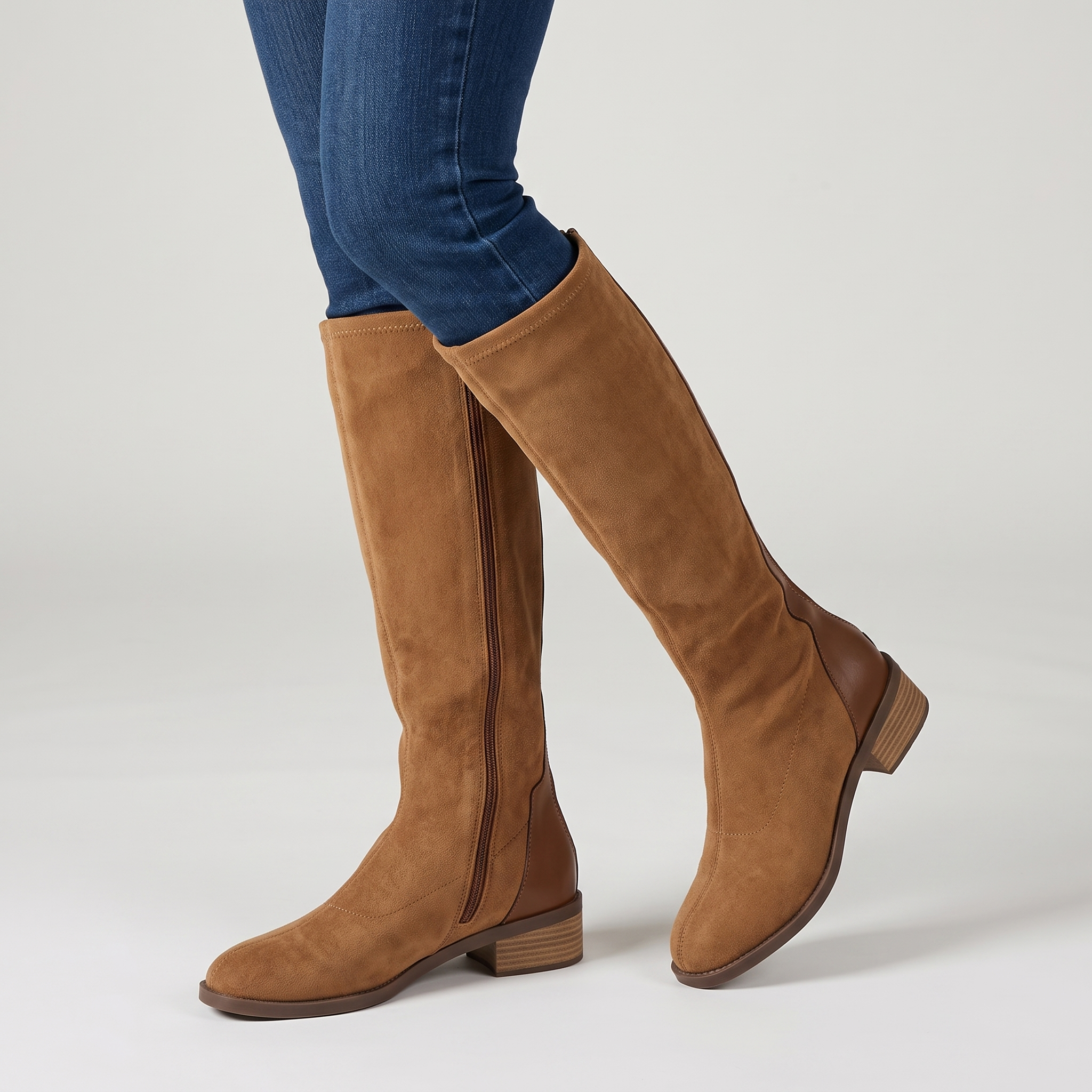 Women's camel suede look knee high boots with a stacked block heel
