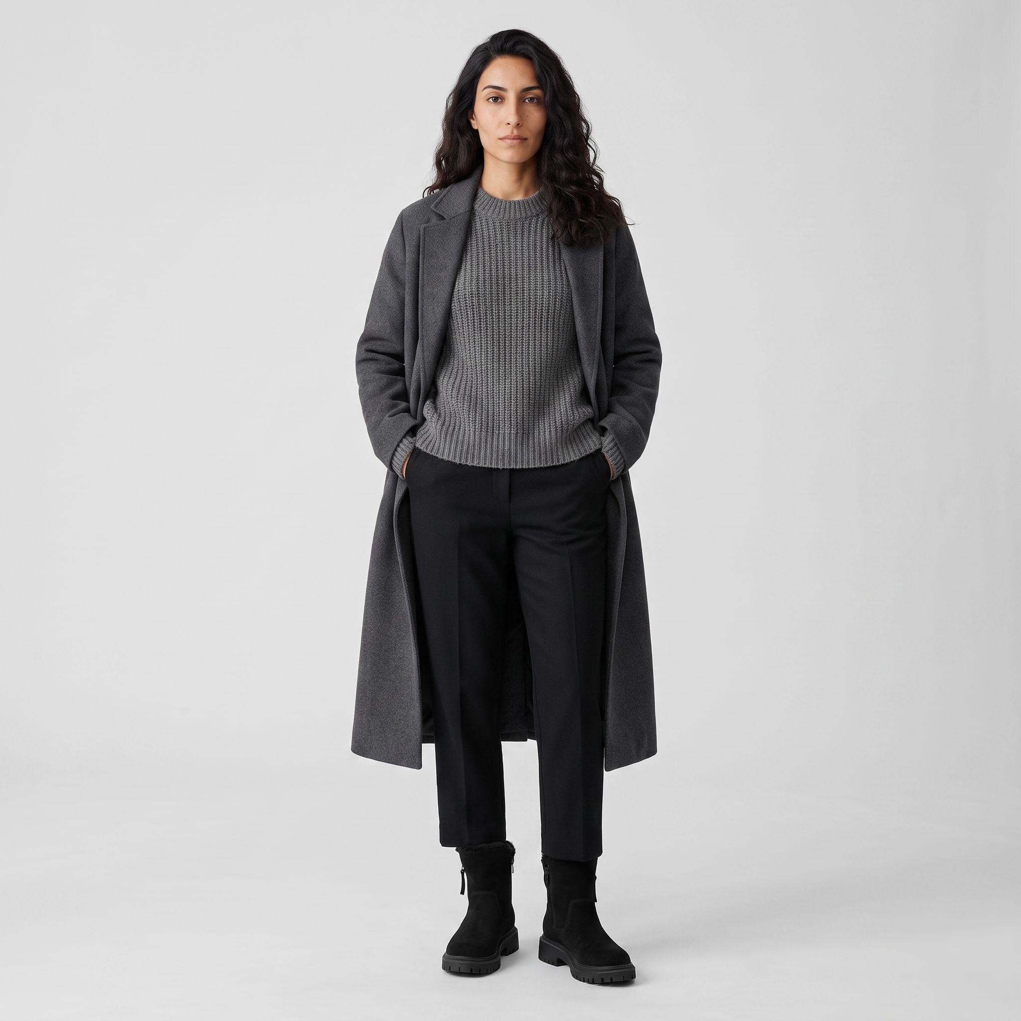 Woman wearing black faux fur lined winter boots with wool trousers and a coat