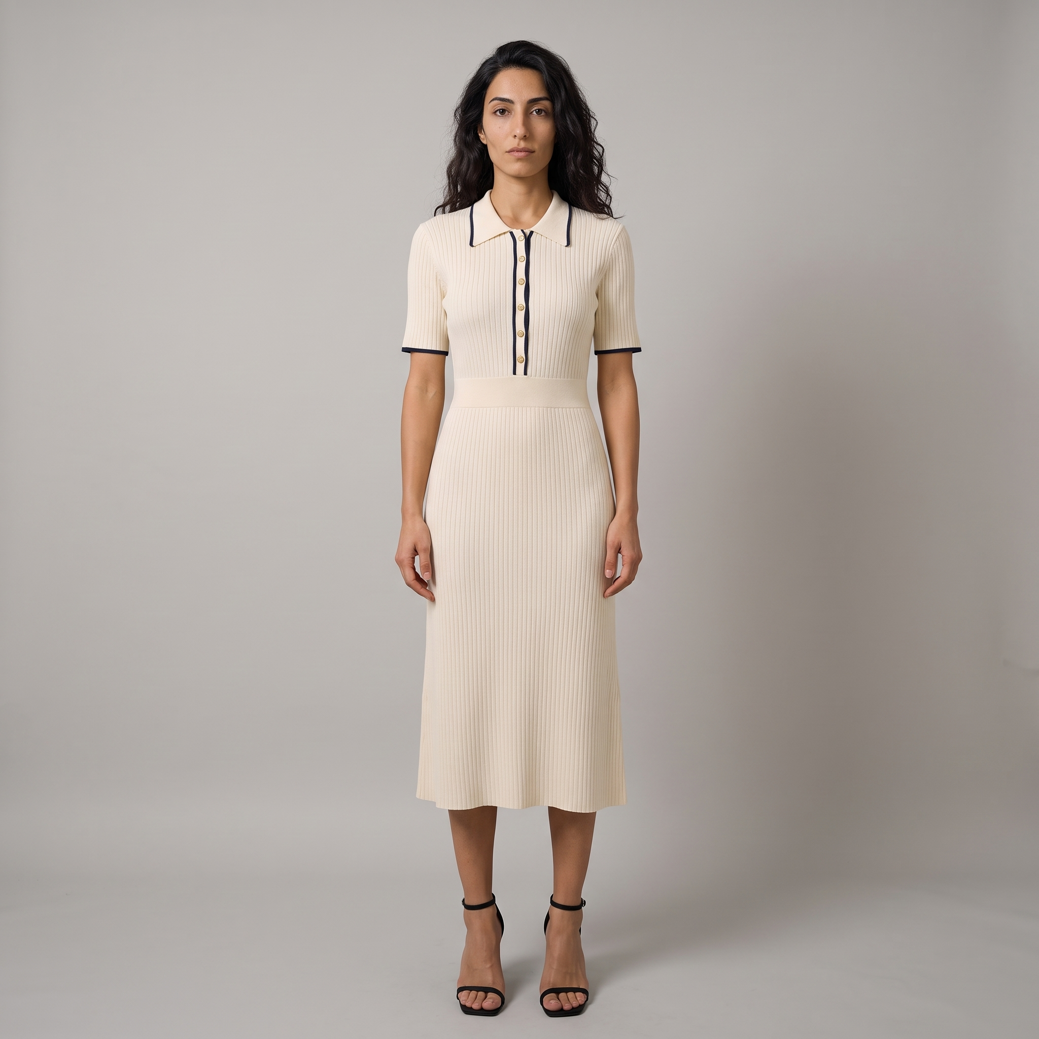 Woman wearing a cream rib knit polo dress with navy tipping and gold buttons