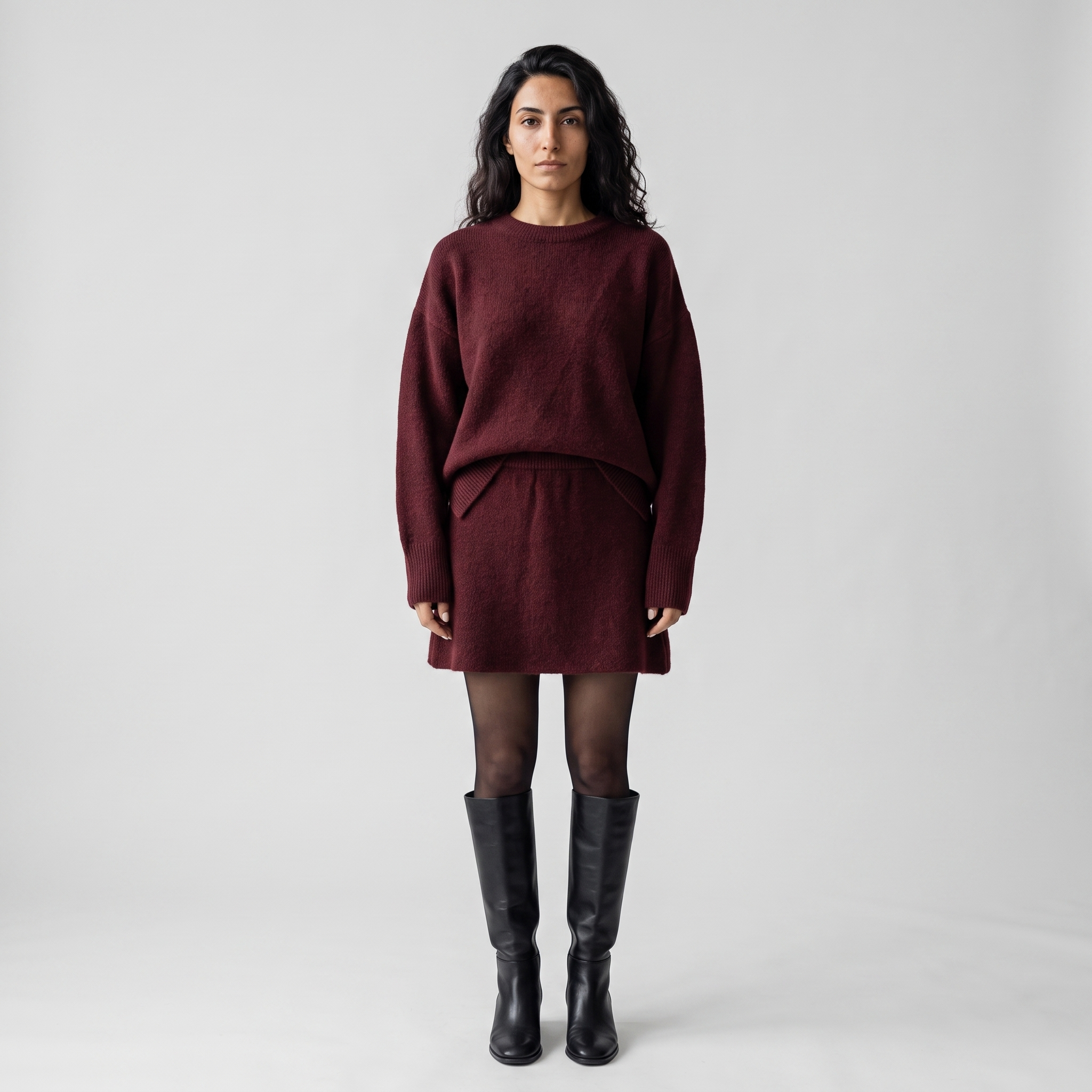 Woman wearing a wine red knitted jumper and matching mini skirt set