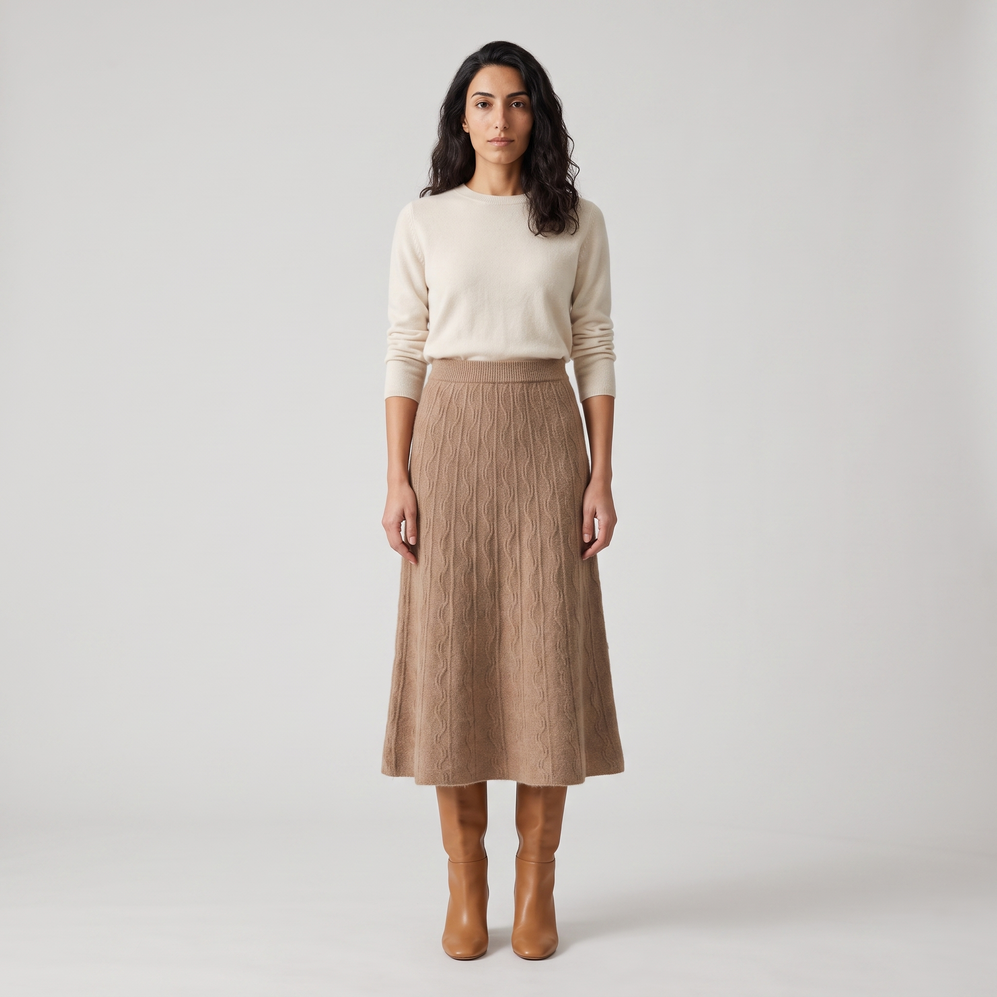 Woman wearing a camel cable knit midi skirt with a cream jumper and tan boots