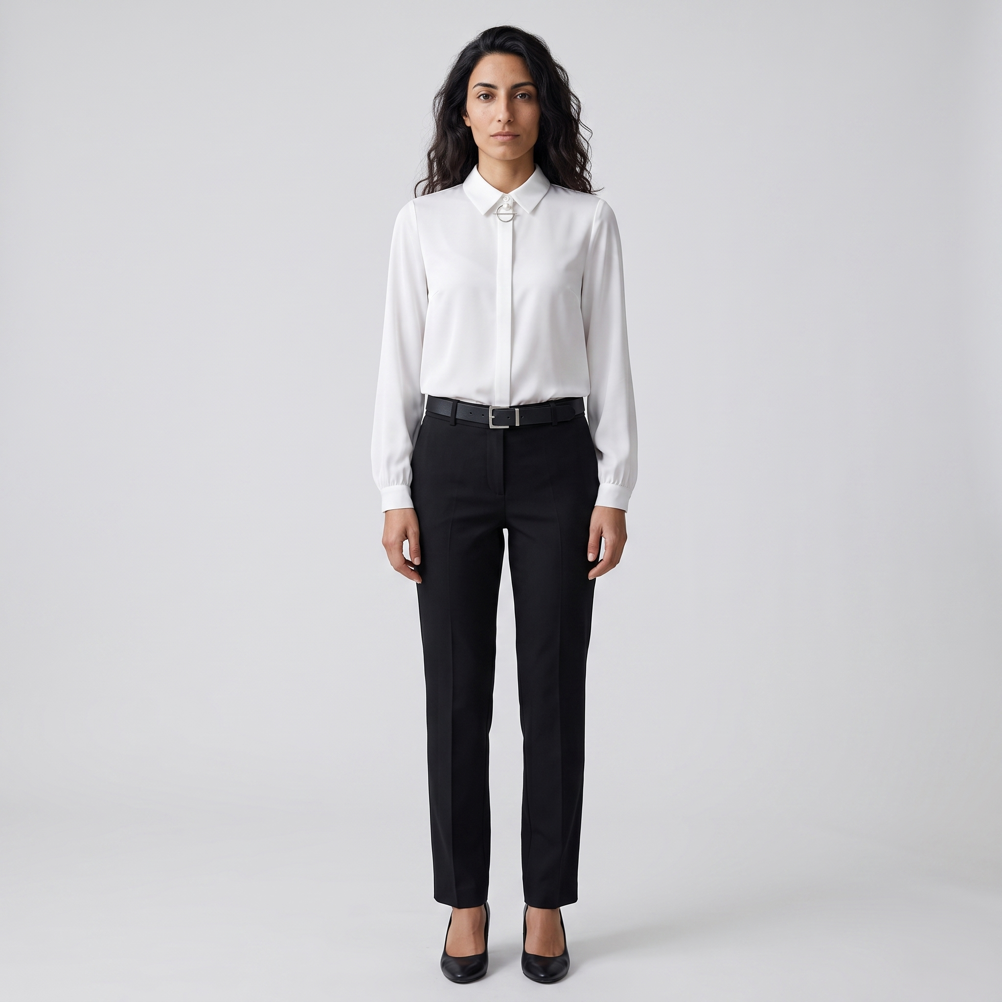 Woman wearing a white collared blouse with a pearl ring clasp at the neck