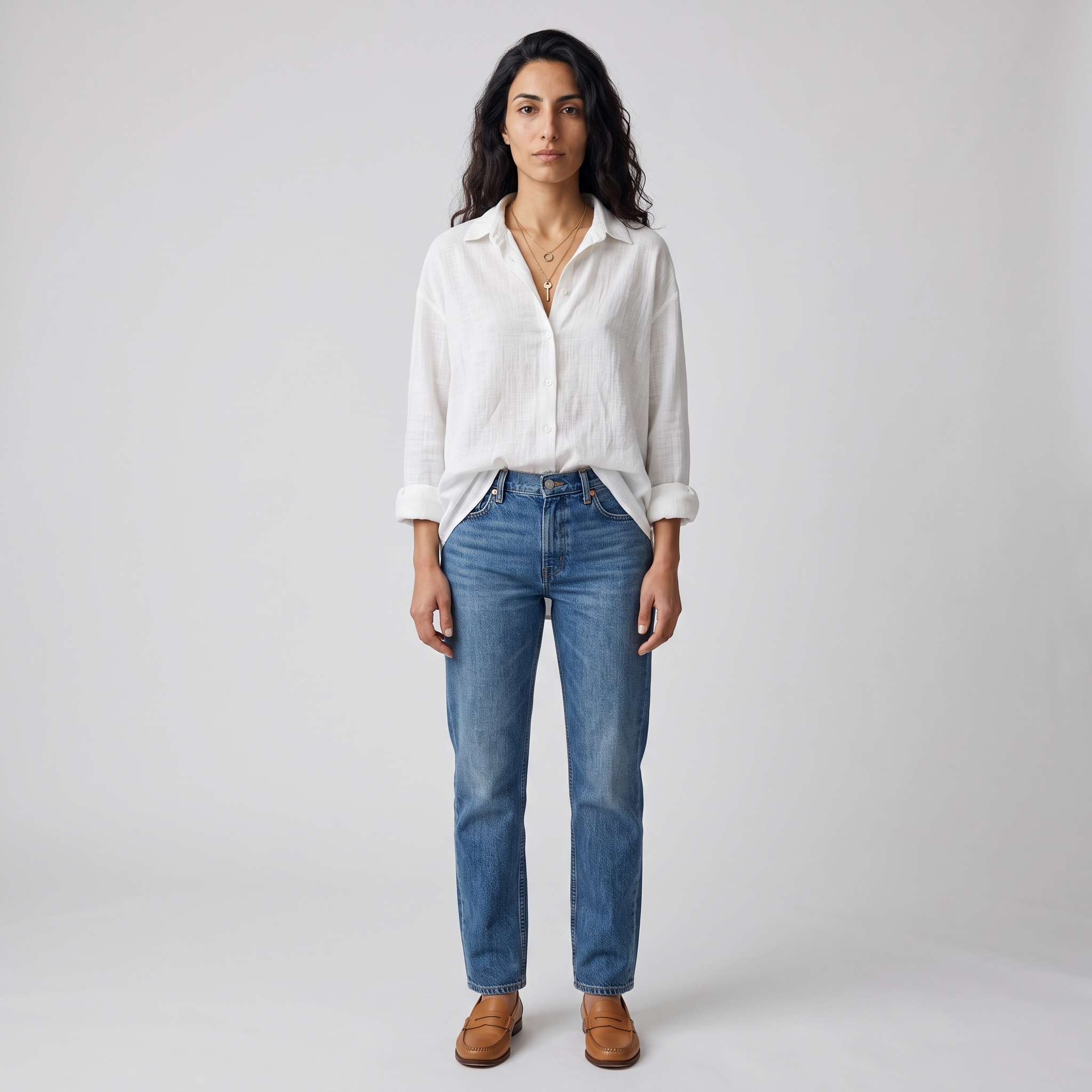Woman wearing a white textured cotton button down blouse with blue jeans