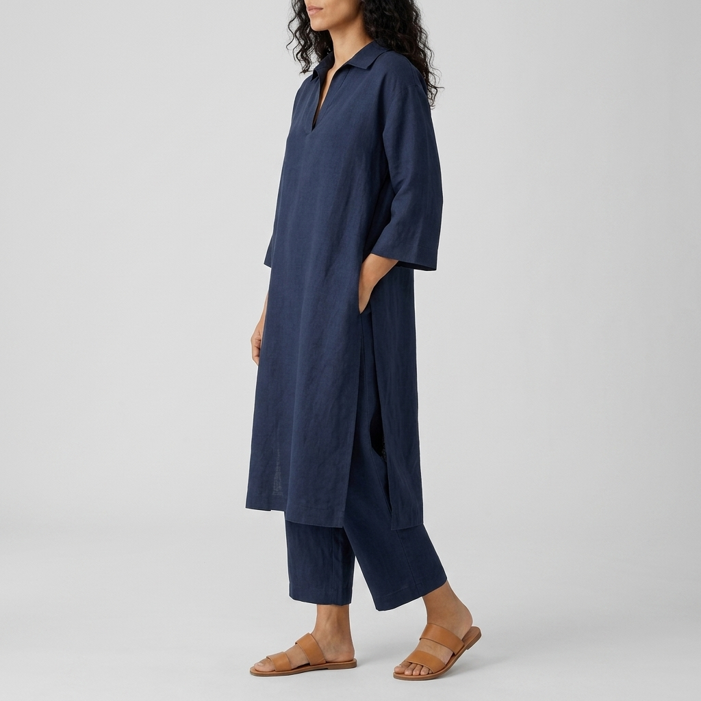 Women's Co-ord Set in navy blue – Longline Tunic Top and Wide Leg Trousers, side view on model