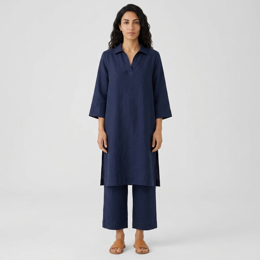 Women's Co-ord Set in navy blue – Longline Tunic Top and Wide Leg Trousers, front view on model