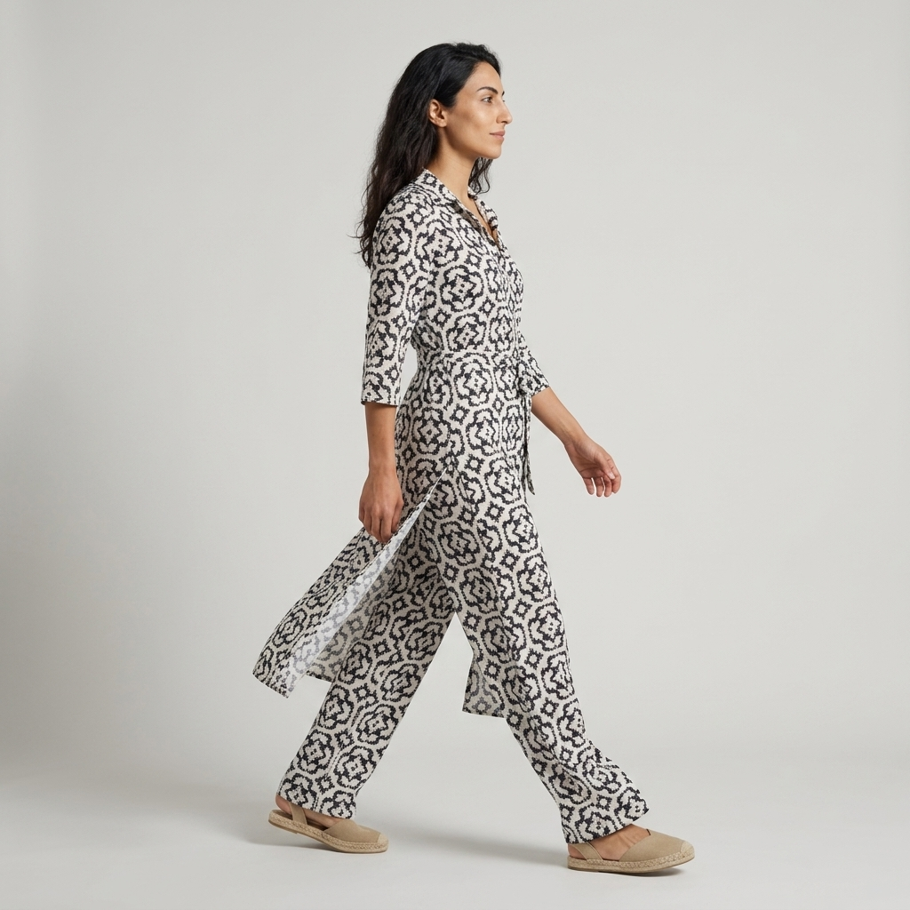 Women's Co-ord Set in white – Printed Longline Shirt and Wide Leg Trousers, side view on model