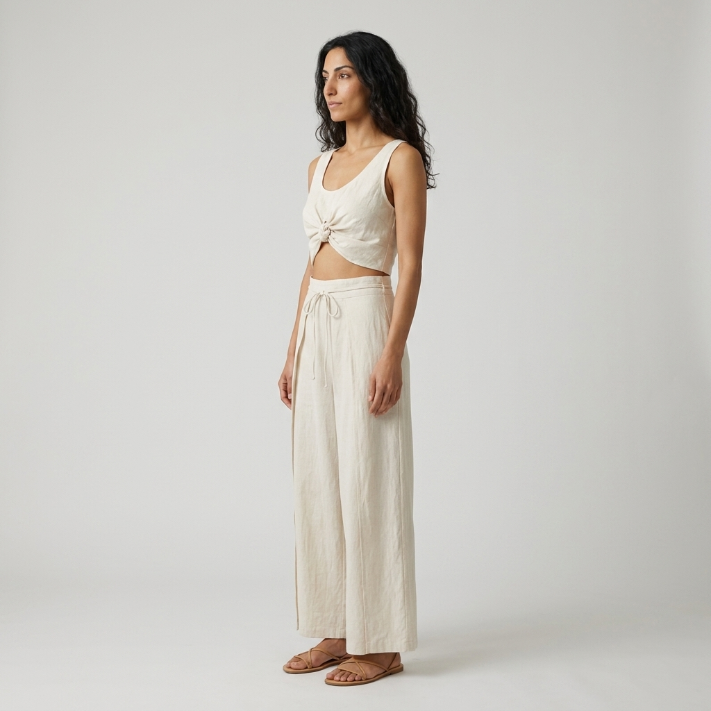 Women's Co-ord Set in beige – Ruched Crop Top and Wide Leg Trousers, side view on model