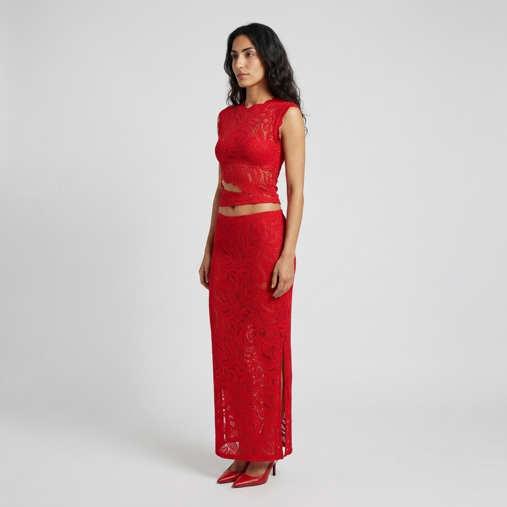 Women's Co-ord Set in red – Lace Sleeveless Top and Maxi Skirt, side view on model