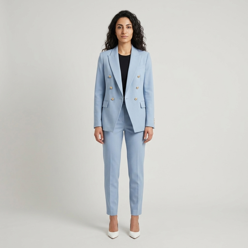 Women's Trouser Suit in light blue – Double Breasted Blazer and Slim Leg Trousers, front view on model