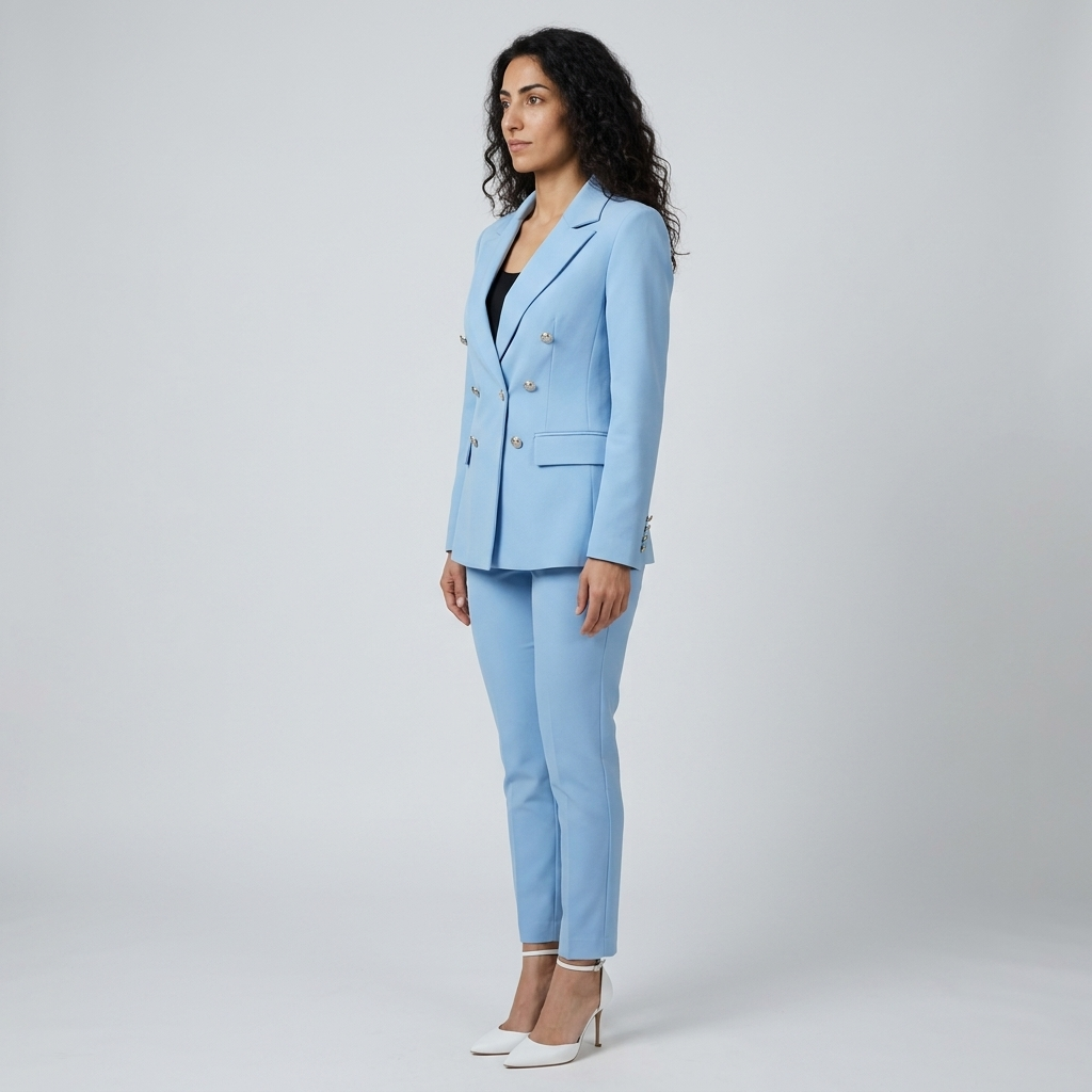 Women's Trouser Suit in light blue – Double Breasted Blazer and Slim Leg Trousers, side view on model