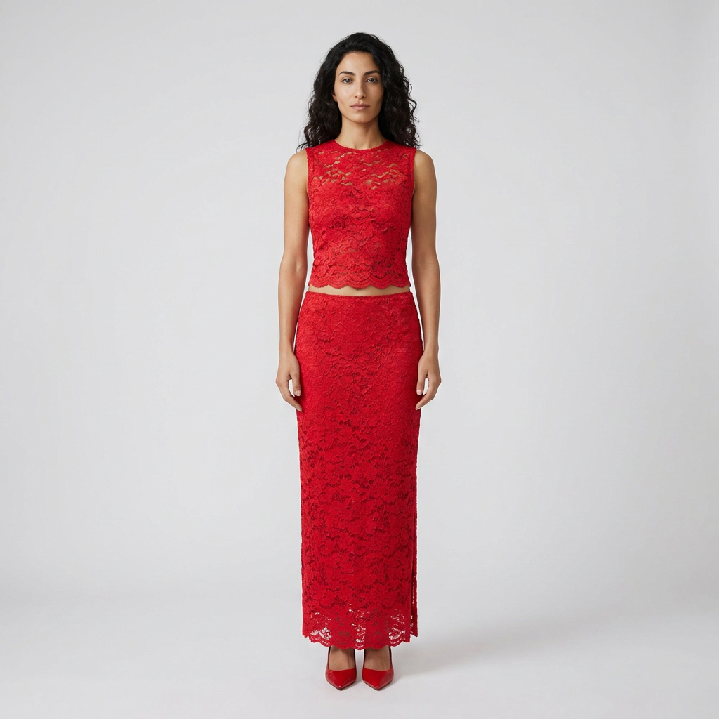Women's Co-ord Set in red – Lace Sleeveless Top and Maxi Skirt, front view on model