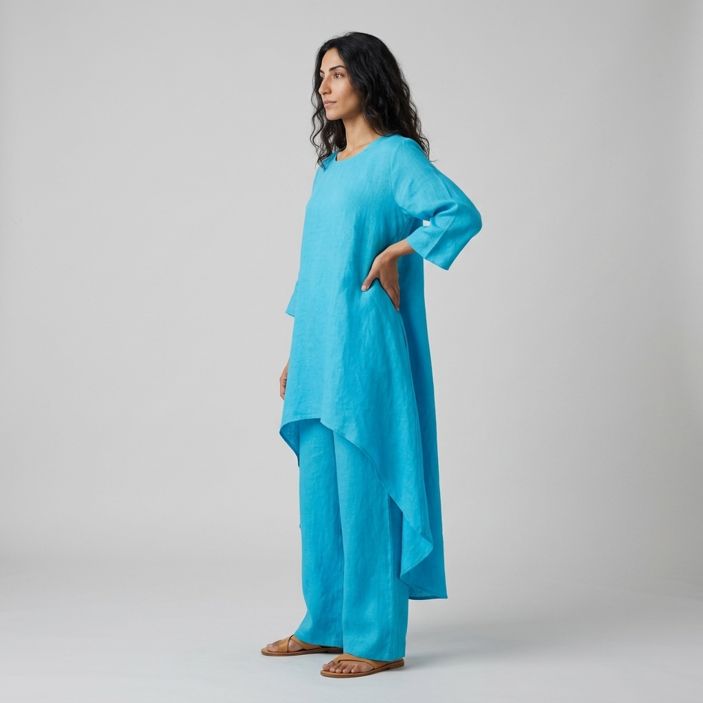 Women's Co-ord Set in blue – High Low Tunic Top and Wide Leg Trousers, side view on model