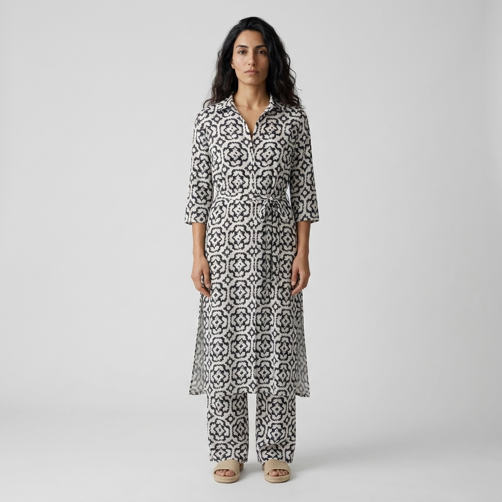 Women's Co-ord Set in white – Printed Longline Shirt and Wide Leg Trousers, front view on model