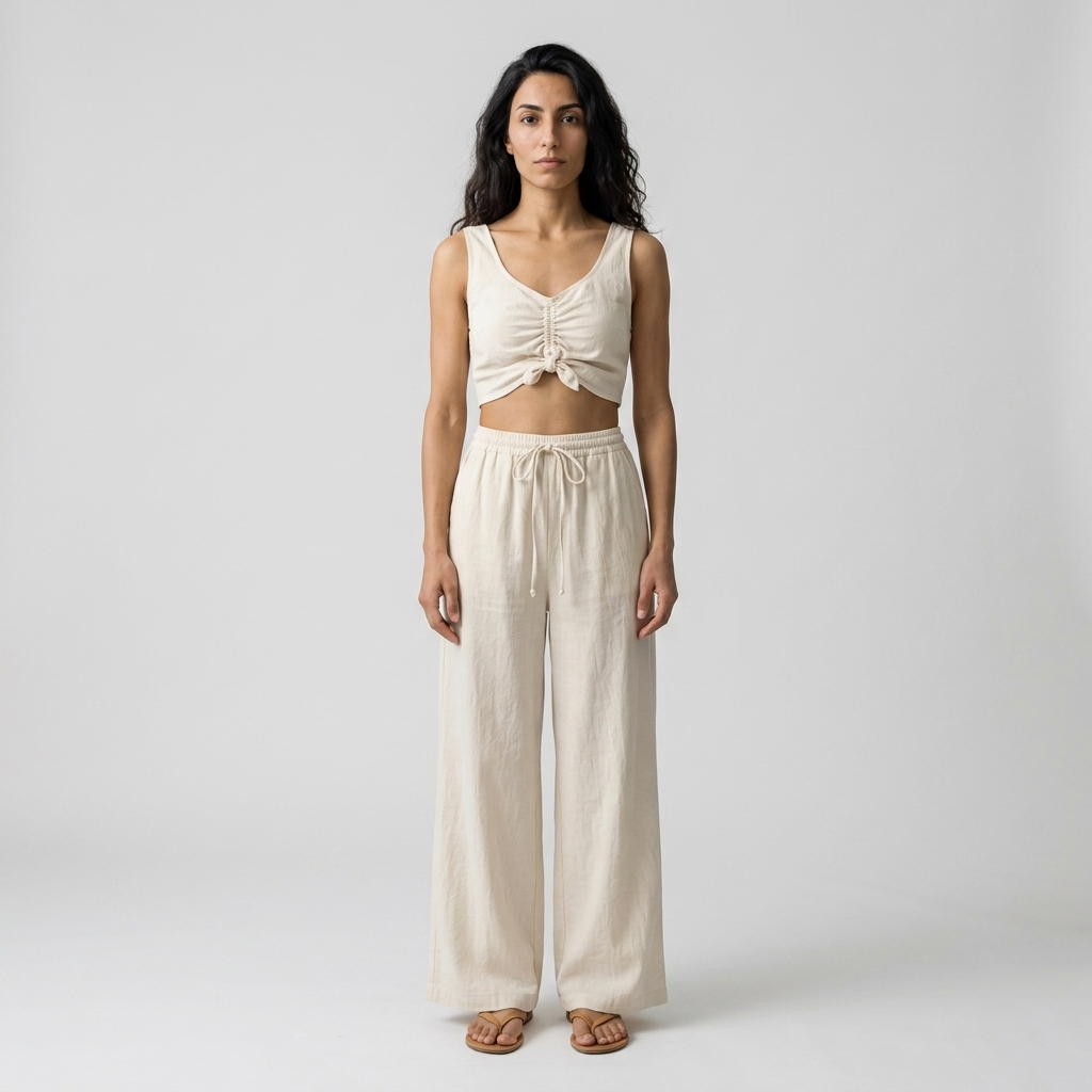 Women's Co-ord Set in beige – Ruched Crop Top and Wide Leg Trousers, front view on model