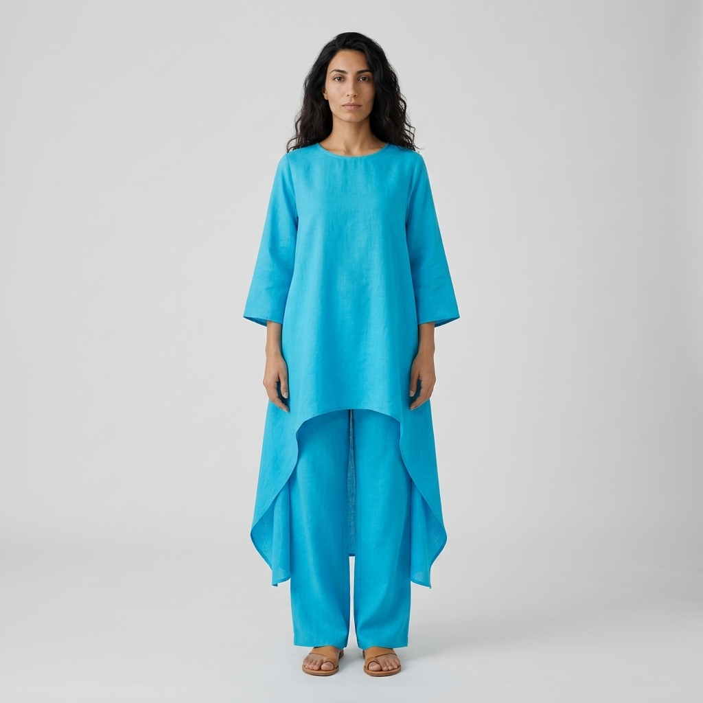 Women's Co-ord Set in blue – High Low Tunic Top and Wide Leg Trousers, front view on model