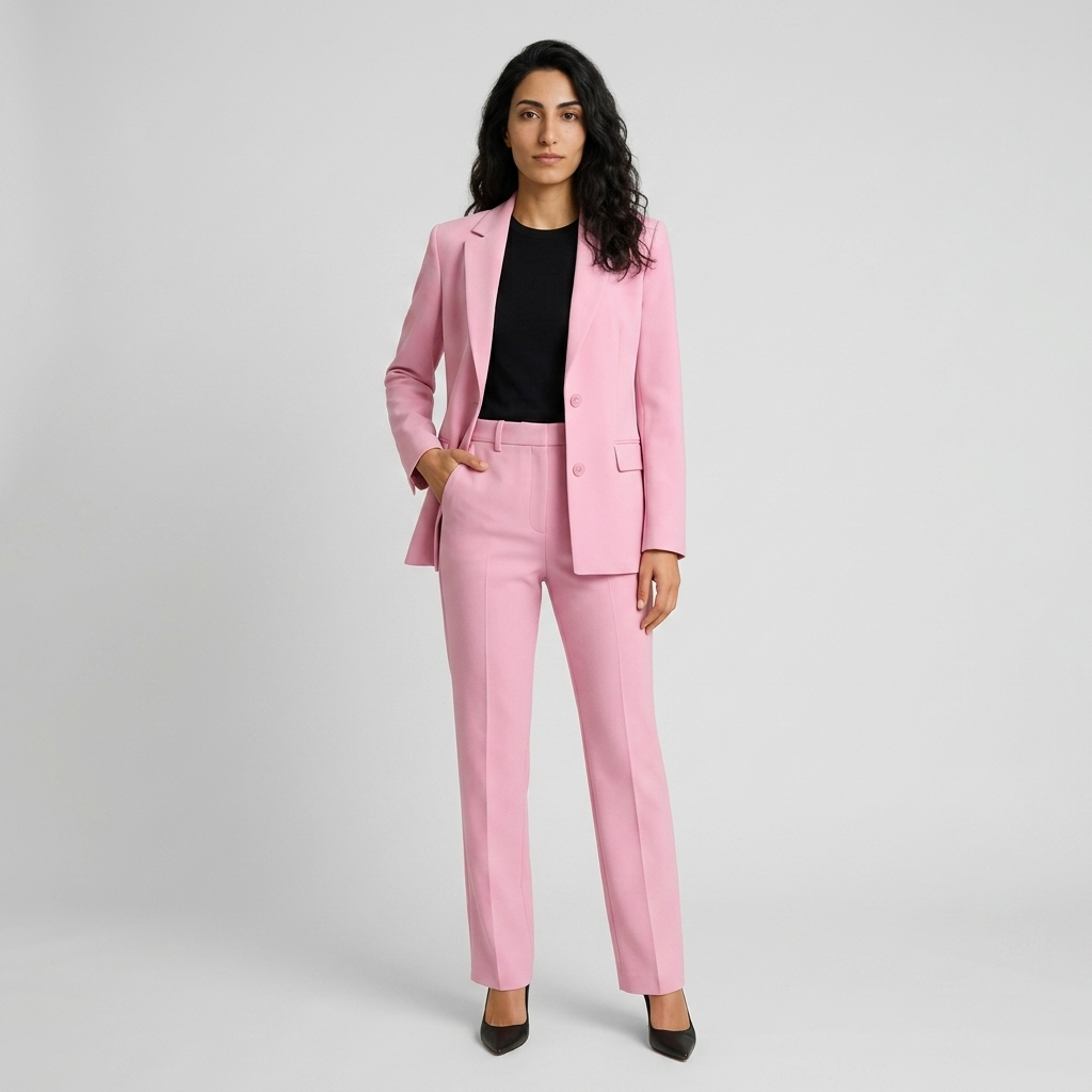Women's Trouser Suit in pink – Single Breasted Blazer and Straight Leg Trousers, front view on model
