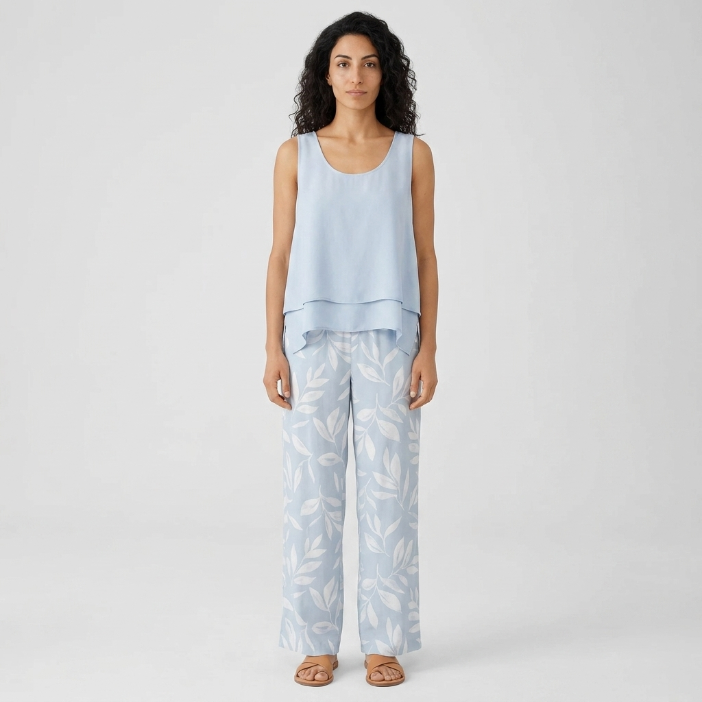 Women's Co-ord Set in blue – Sleeveless Layered Top and Wide Leg Trousers, front view on model