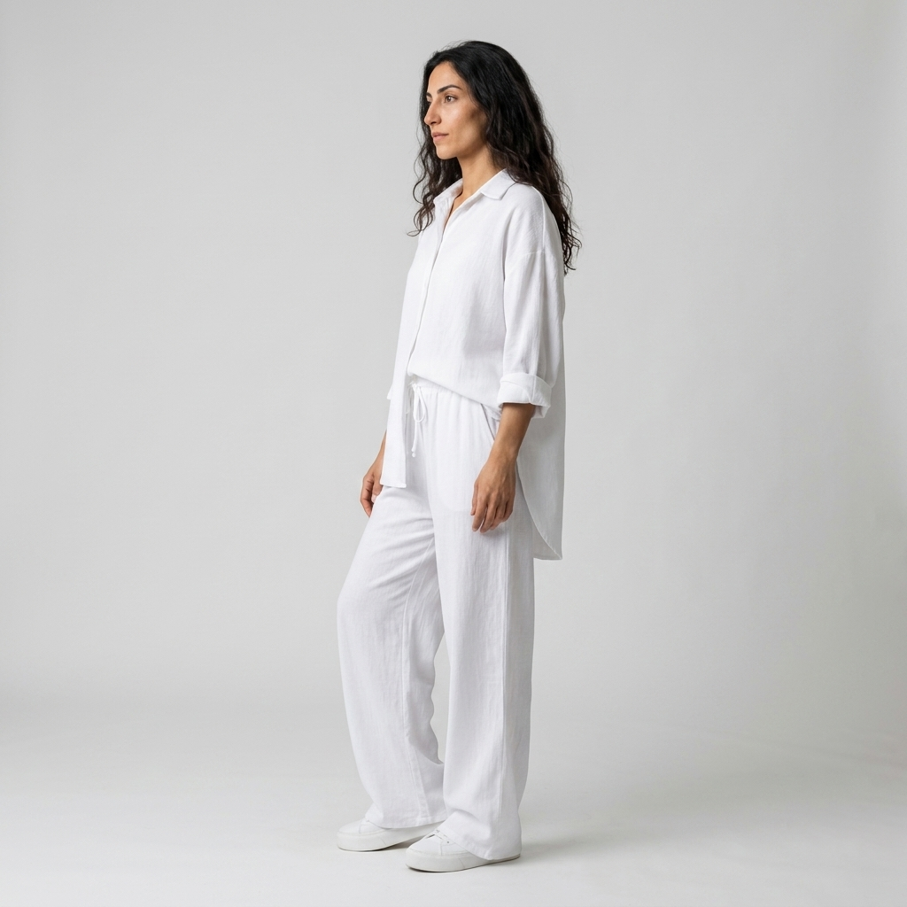 Women's Co-ord Set in white – Oversized Shirt and Wide Leg Trousers, side view on model