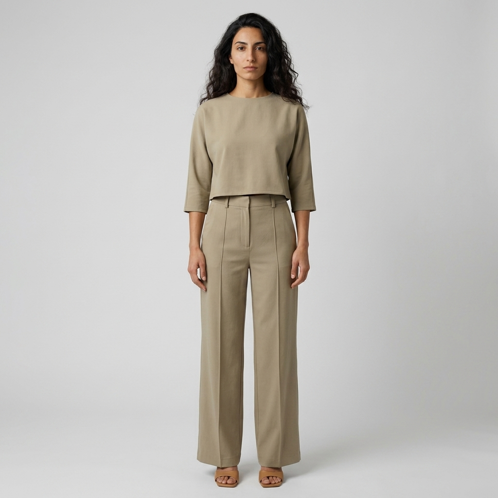 Women's Co-ord Set in khaki – Cropped Top and High Waist Wide Leg Trousers, front view on model
