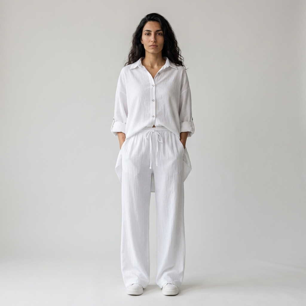 Women's Co-ord Set in white – Oversized Shirt and Wide Leg Trousers, front view on model