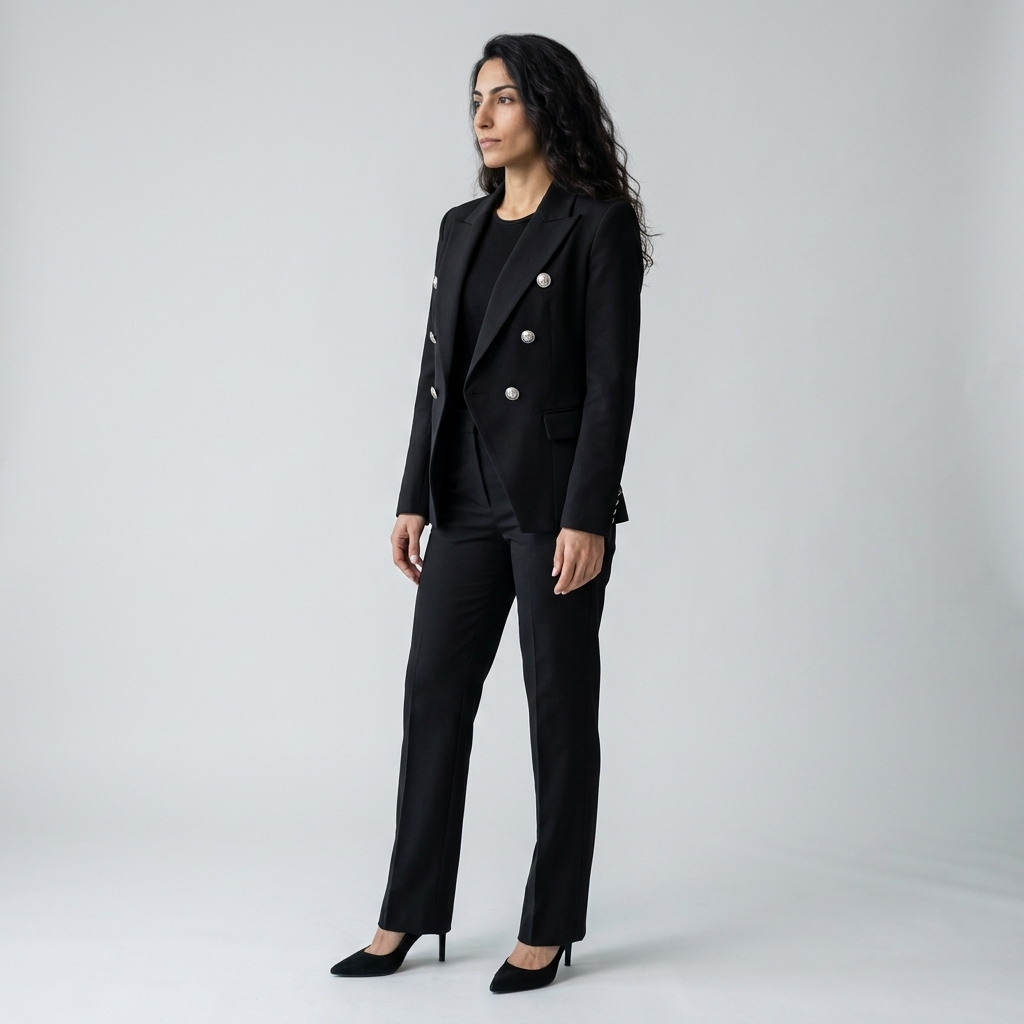 Women's Trouser Suit in black – Double Breasted Blazer with Ball Buttons, side view on model