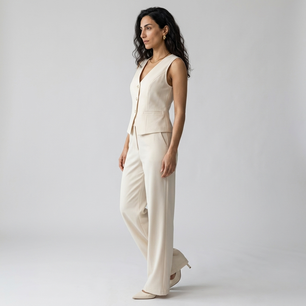 Women's Co-ord Set in cream – Tailored Waistcoat and Wide Leg Trousers, side view on model