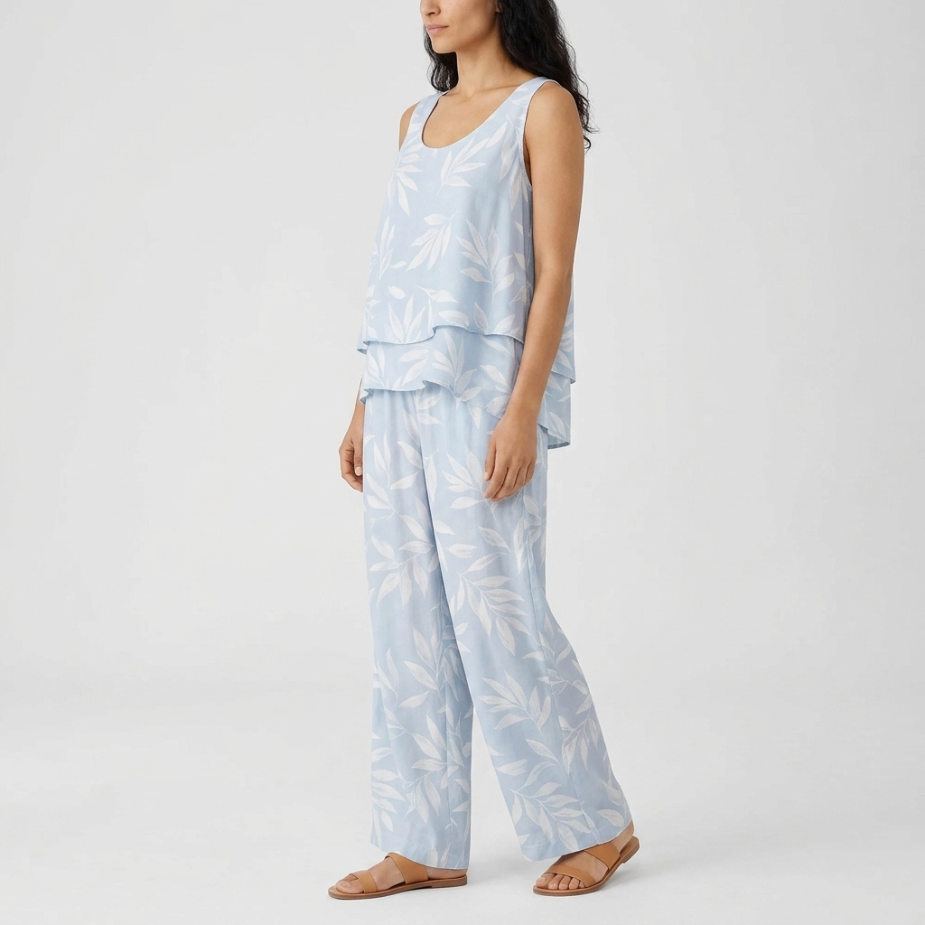 Women's Co-ord Set in blue – Sleeveless Layered Top and Wide Leg Trousers, side view on model