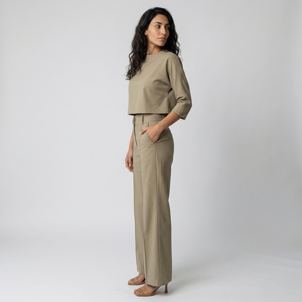 Women's Co-ord Set in khaki – Cropped Top and High Waist Wide Leg Trousers, side view on model