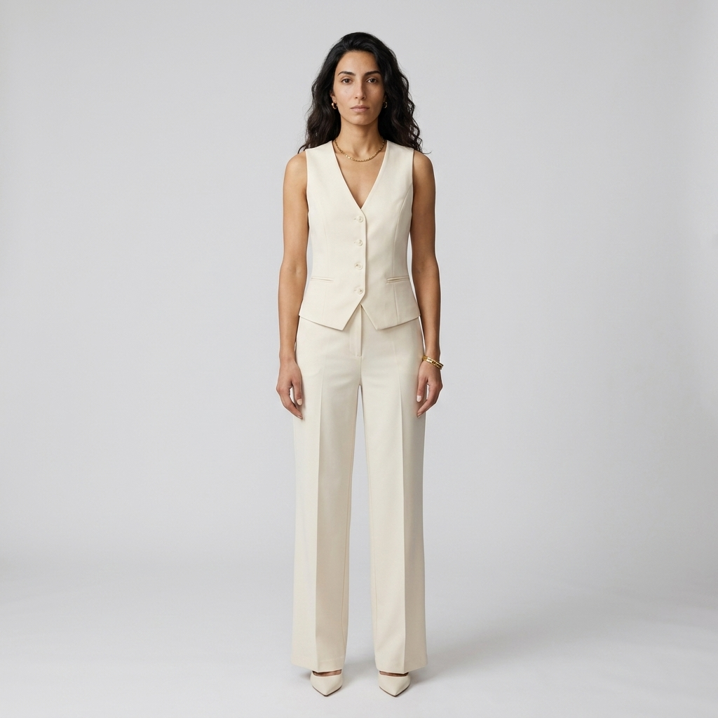 Women's Co-ord Set in cream – Tailored Waistcoat and Wide Leg Trousers, front view on model