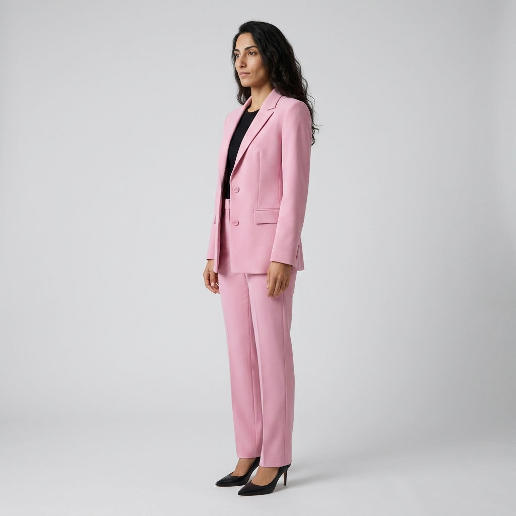 Women's Trouser Suit in pink – Single Breasted Blazer and Straight Leg Trousers, side view on model